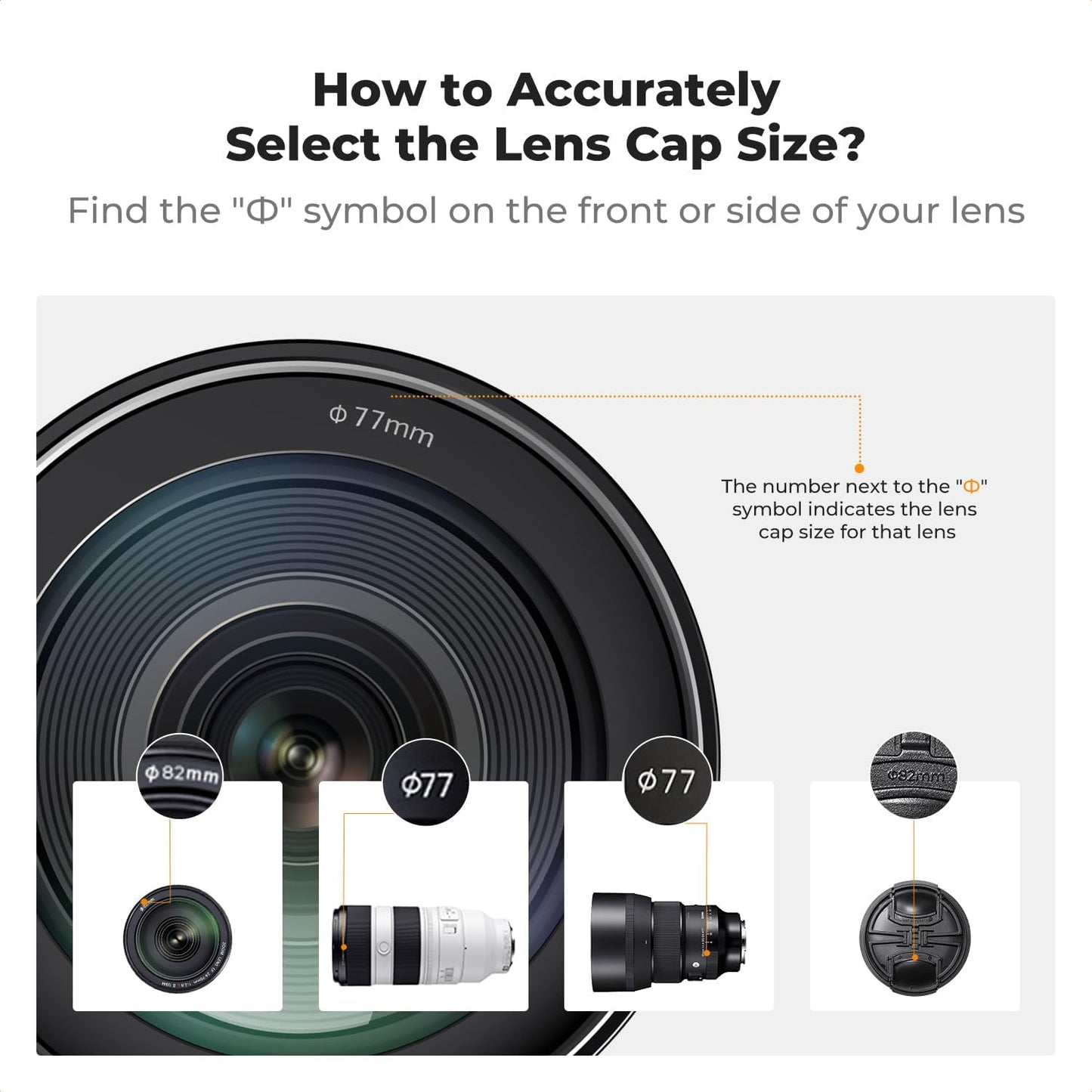 K&F CONCEPT 49mm 4-in-1 Pinch Lens Cap Cover, Center Lens Cover + Anti-Loss Keeper Leash + Microfiber Cleaning Cloth