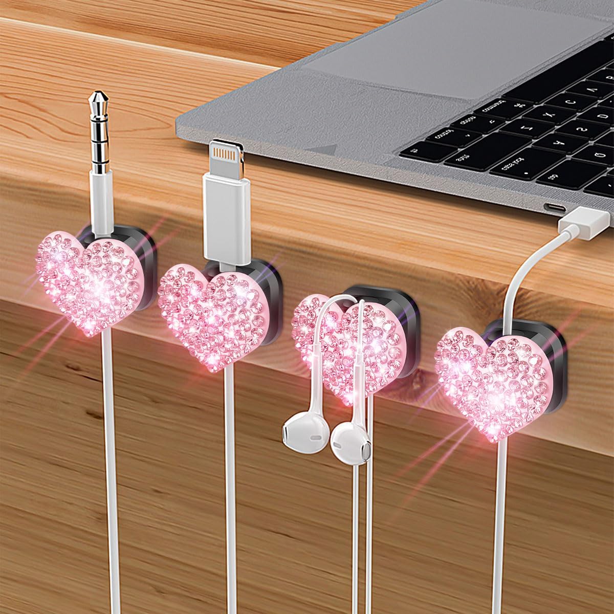 Mifoneix 4 Pack) Bling Cord Organizer Holder,Heart Shape Magnetic Cable Clips with Strong AdhesiveDesk Cable Holder