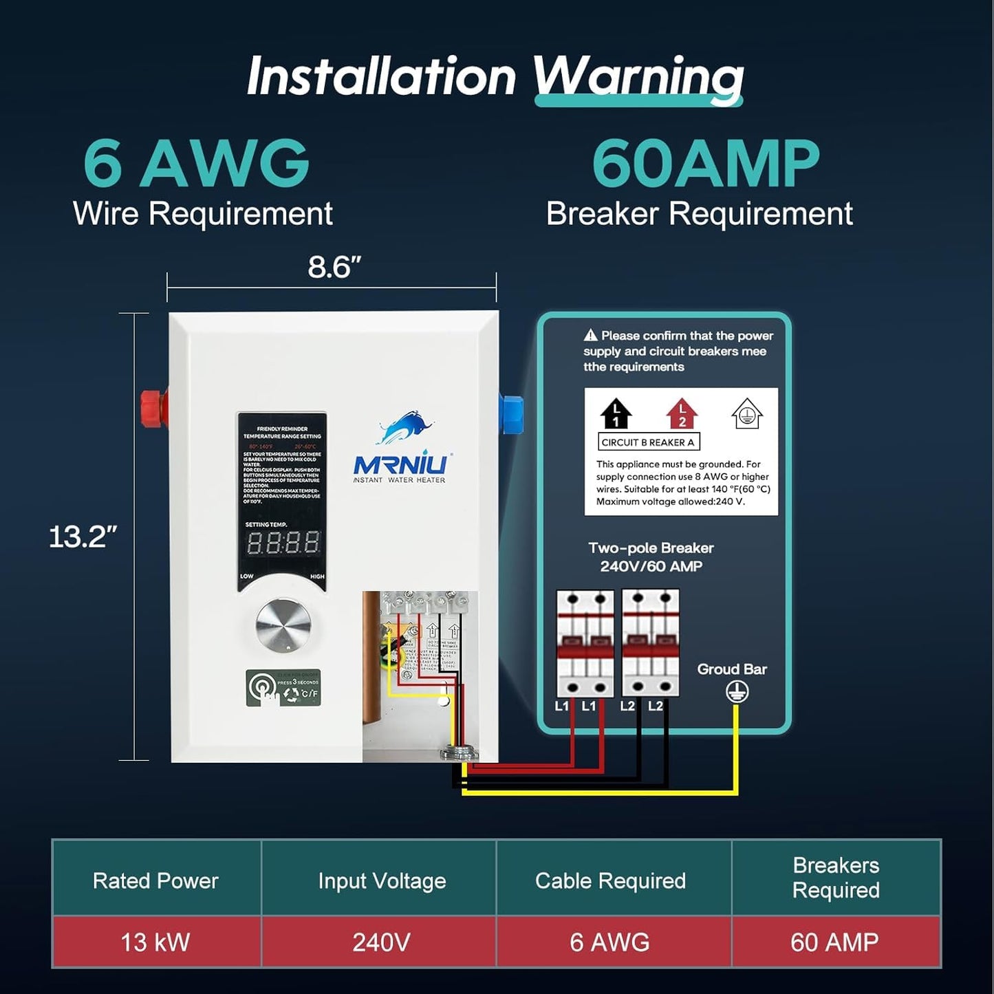 24Kw 240V Electric Tankless Water Heater, LED Temperature Display, On-Demand Instant Hot Water, Space-Saving Design for Whole House Shower – Endless Hot Water Supply for Residential Use