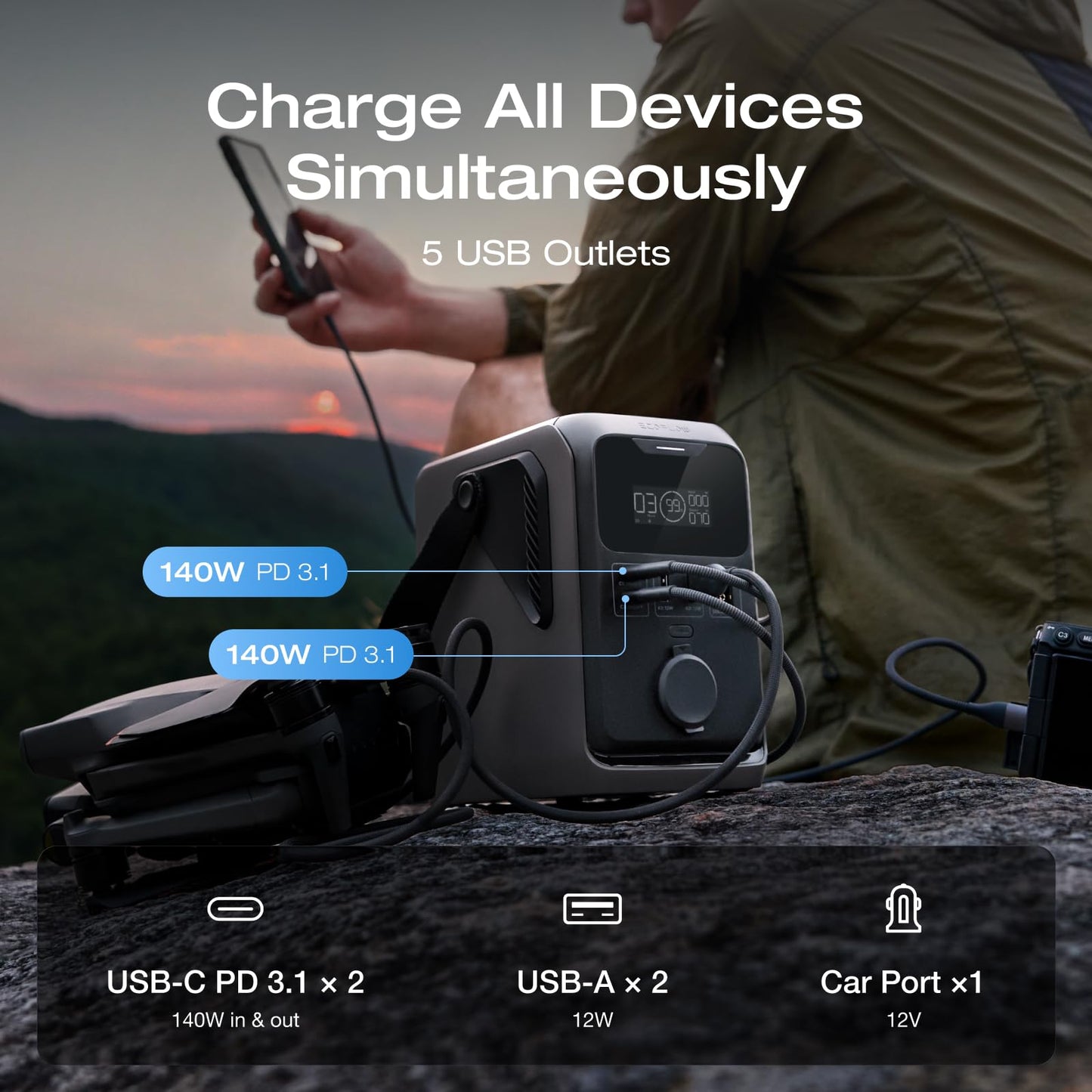 EF ECOFLOW TRAIL 300 DC Power Bank Station, 288Wh Outdoor Portable Power Station, LiFePO4 Battery, 300W DC Output, Compact Solar Generator for Camping, Travel, and Emergency (No AC Outlet Included)