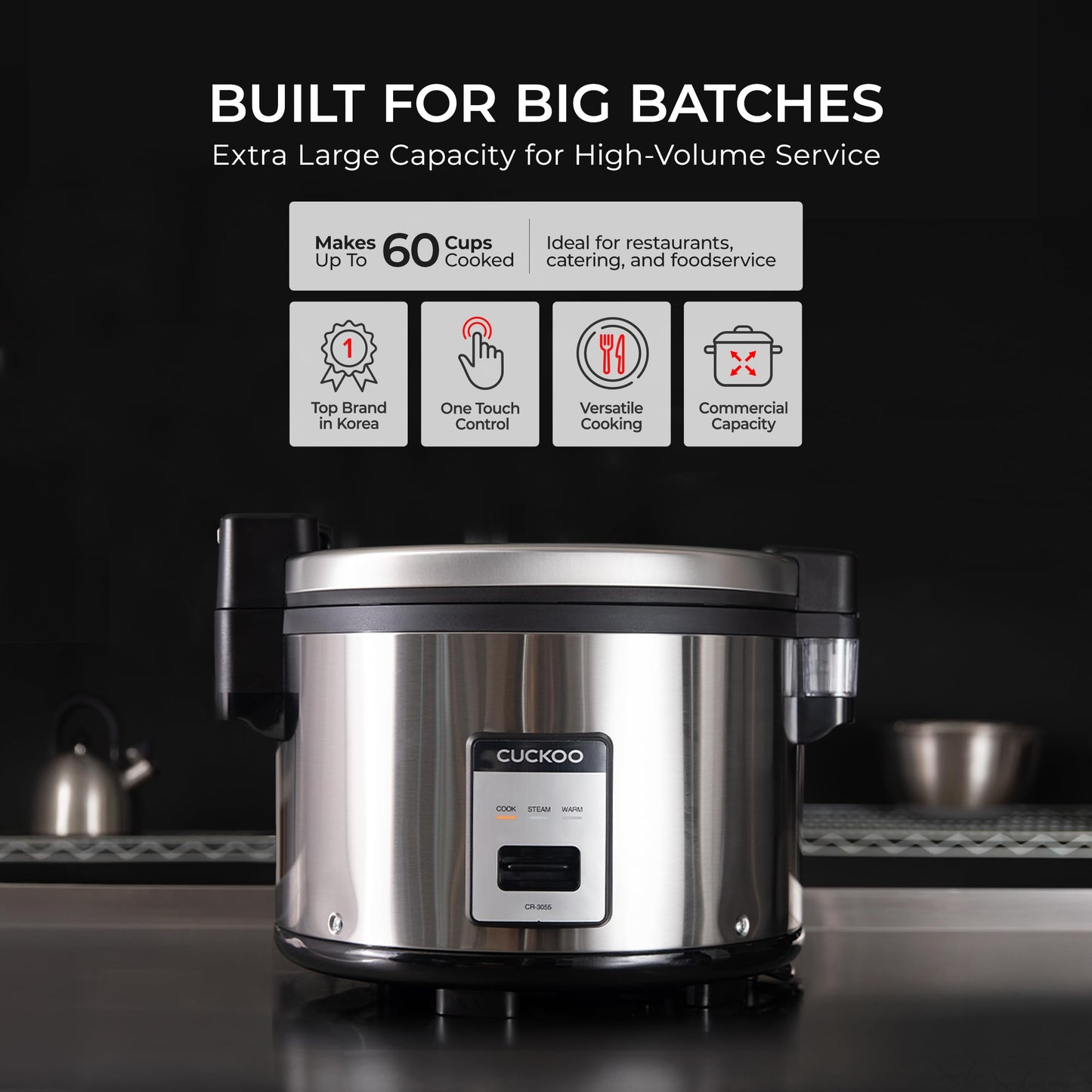 CUCKOO Commercial Rice Cooker & Warmer, Extra Large Rice Cooker 30-Cup Uncooked / 60-Cup Cooked, Professional Industrial Grain Cooker with Large Capacity, Easy One-Touch Operation, Silver (CR-3055)