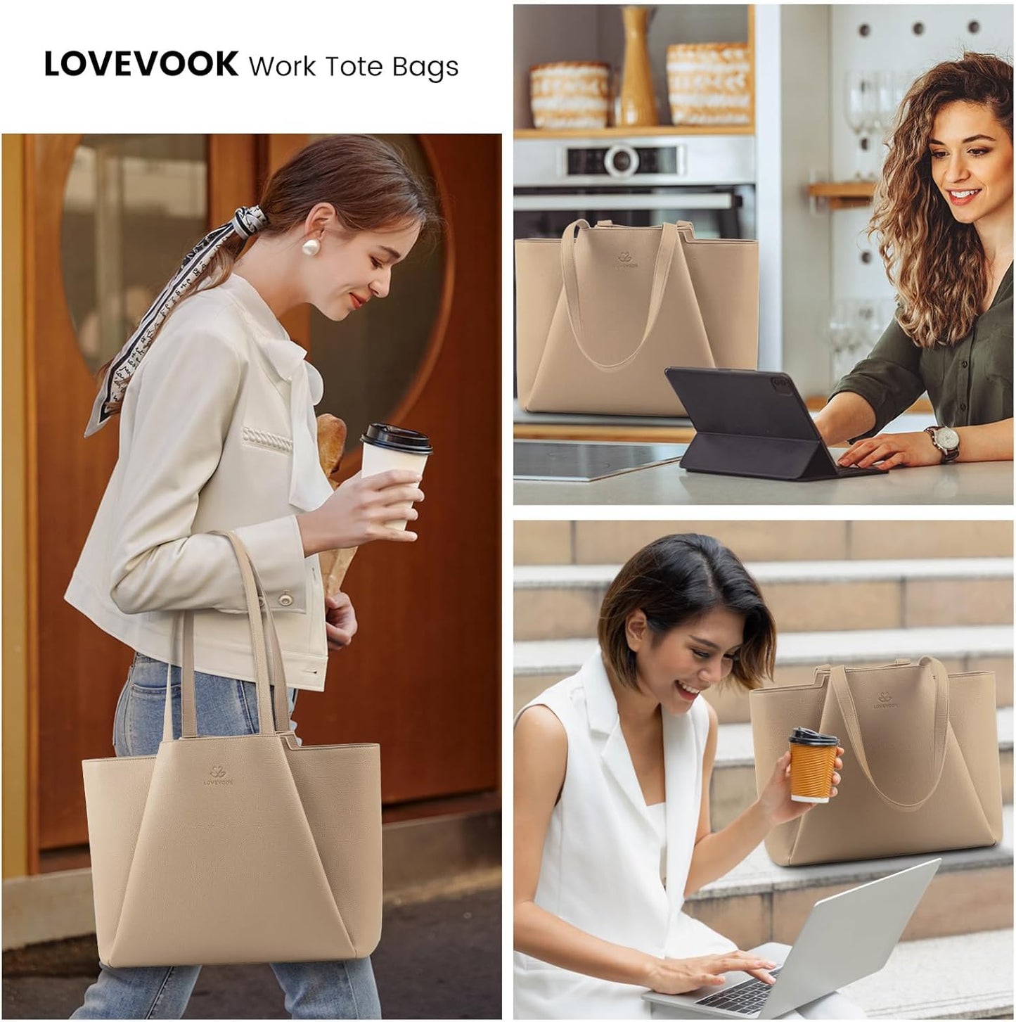 15.6 Inch LOVEVOOK Laptop Tote for Women - Faux Leather Laptop Bag with Clutch, Large Capacity Office Purse Computer