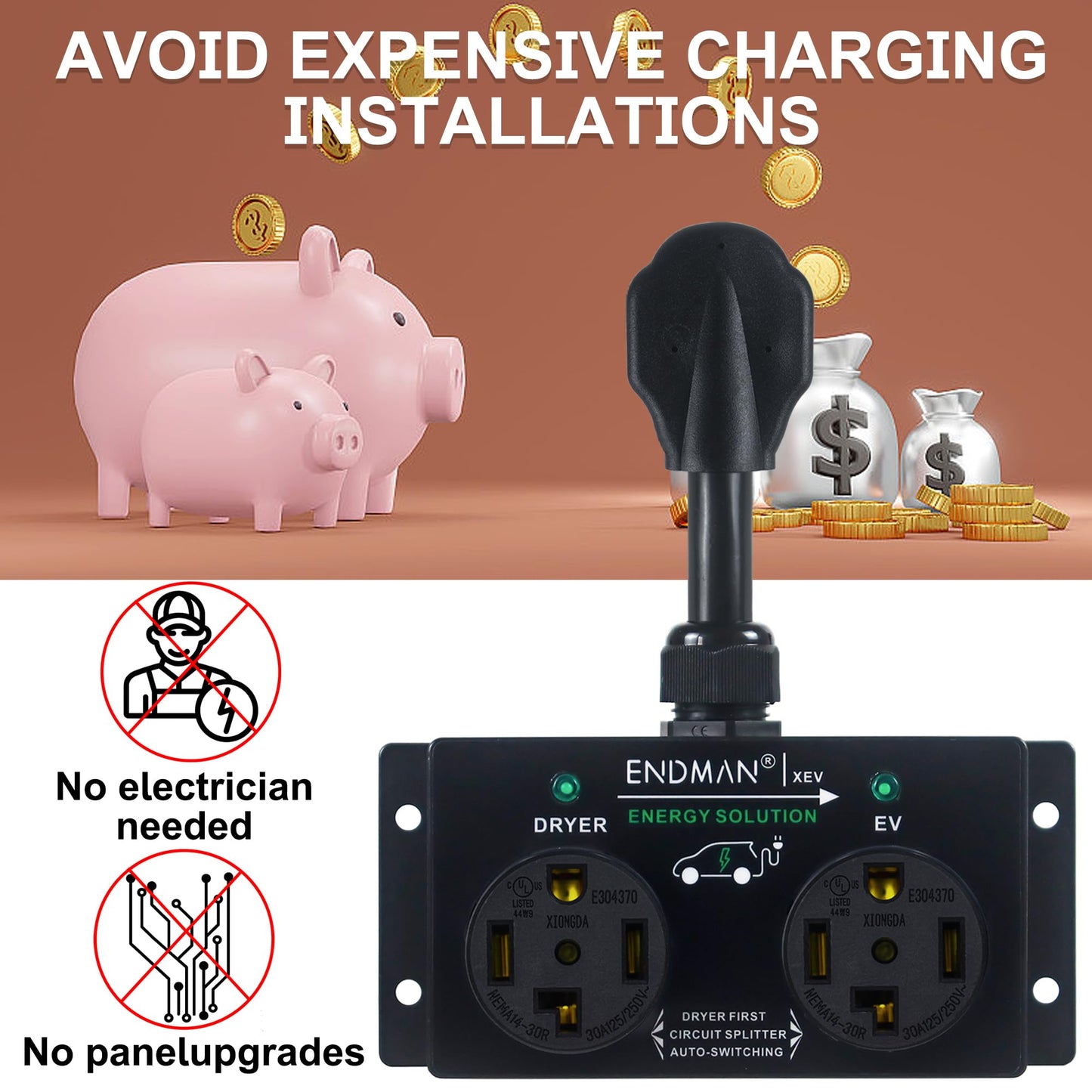 ENDMAN Automatic Power Switch for Dryer and EV Charger (NEMA 14-30P Only) - Intelligent Splitter Sharing 240V Outlet - Level 2 Home Charging Station for Renters - Compatible with Tesla & All EVs
