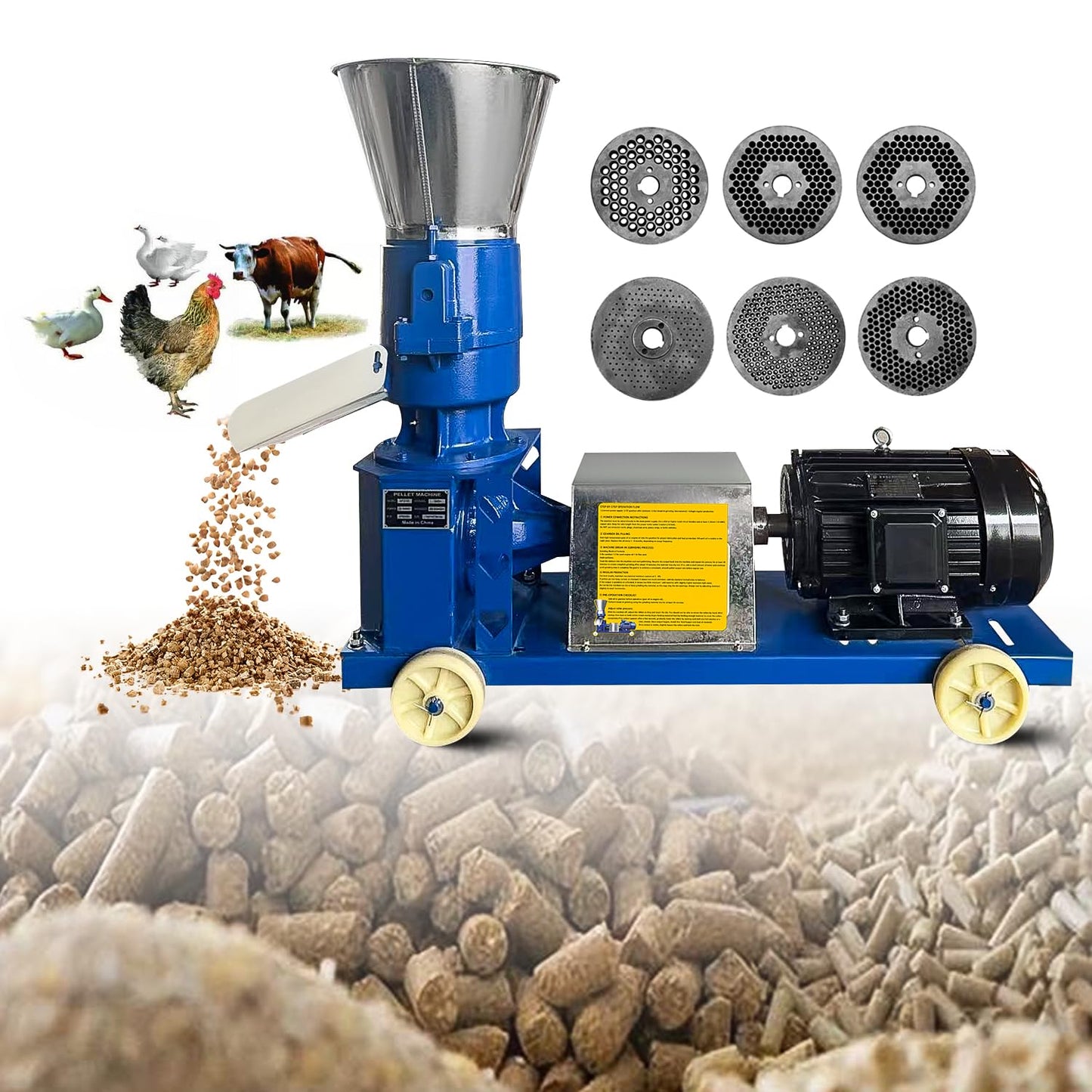 220V Feed Pellet Machine 4 Head Rollers Pellet Feed Mill Machine Animal Feed with 6 Grinding Discs 2.5/3/4/5/6/8mm Feed Pellet Maker for Poultry Livestock Farm Animal 5.5KW 507 lb/h