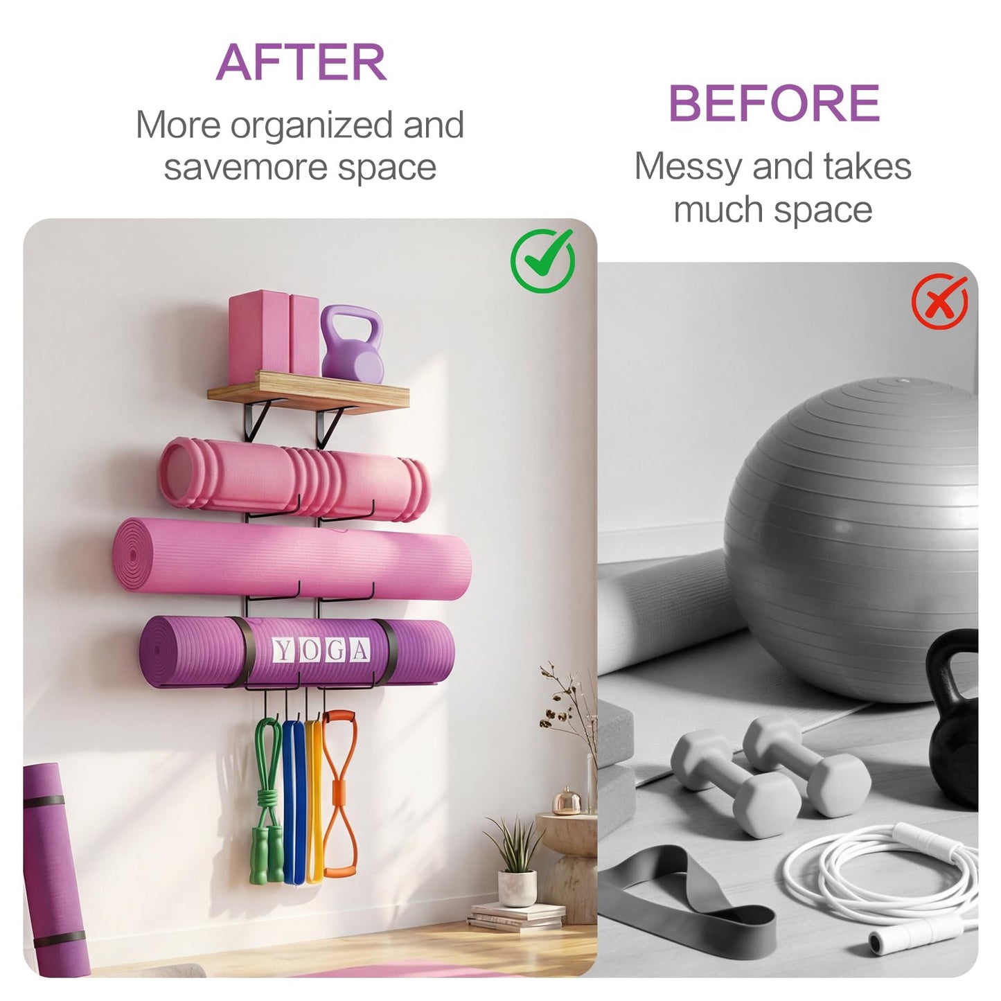 Bikoney Yoga Mat Holder Wall Mount Yoga Mat Storage Home Gym Accessories with Wood Floating Shelves and 4 Hooks for Hanging Foam Roller and Resistance Bands Fitness Home Gym Carbonized Black