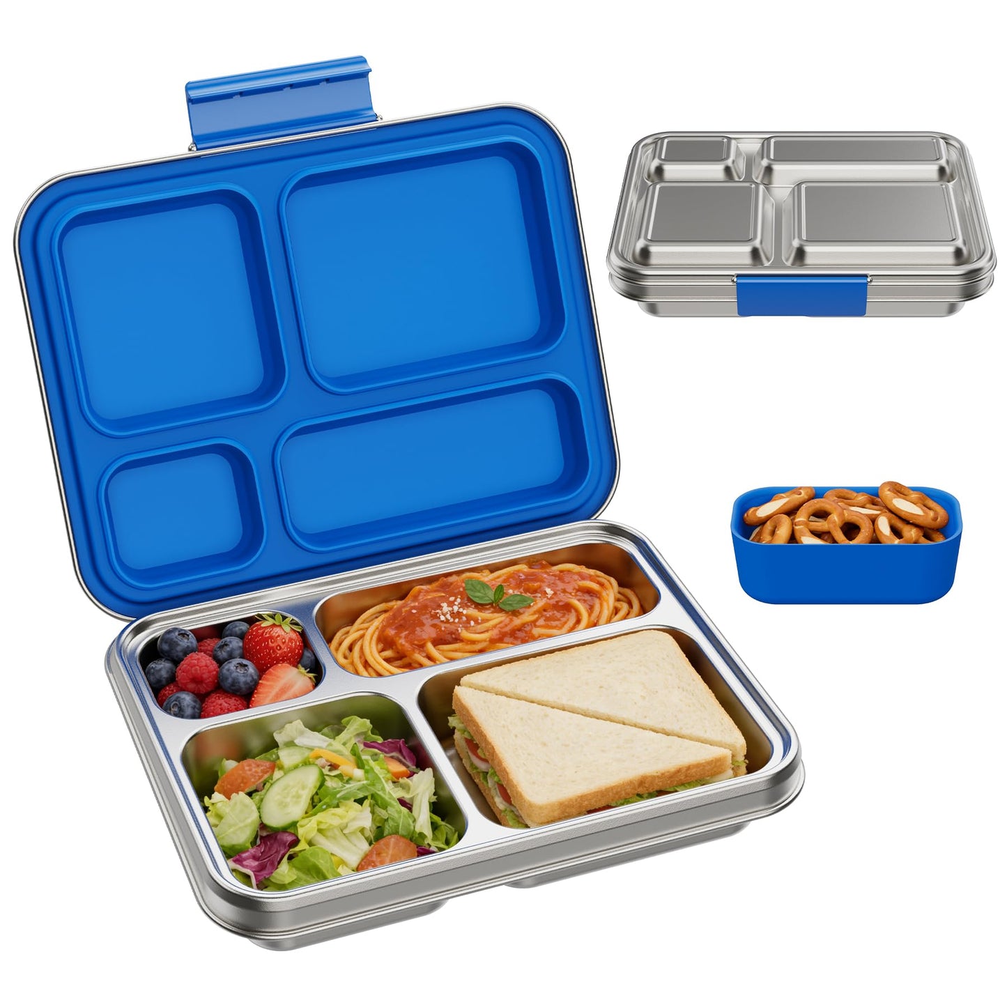 BABHAMNESS Stainless Steel Kids Bento Lunch Box, 4-Compartments with Silicone Container, Dishwasher-Safe, Child-Friendly Design for School and Travel,BPA-Free(Blue)