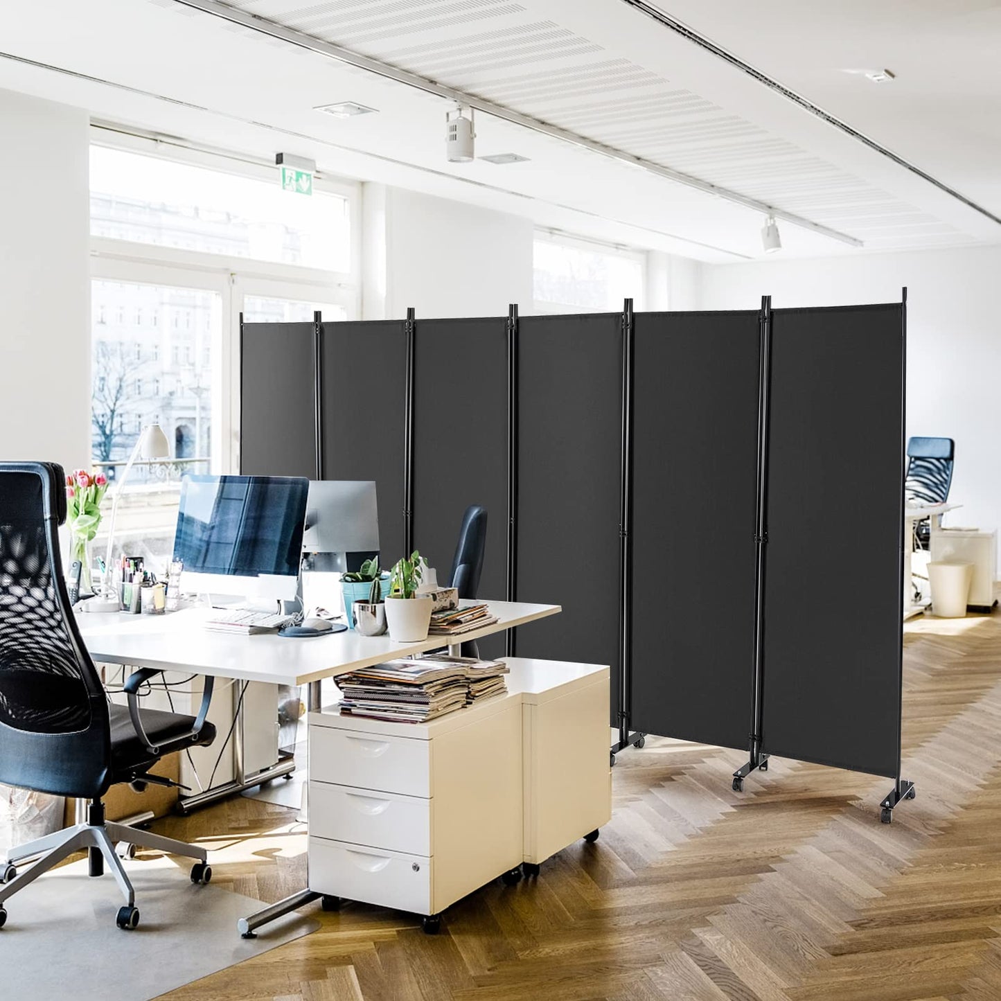 Giantex 5.7Ft 6-Panel Folding Room Divider with Rollers Grey- 132" Wide Large Rolling Foldable Privacy Screen, Lightweight Portable Wall Partition Separation Room Dividers with Wheels