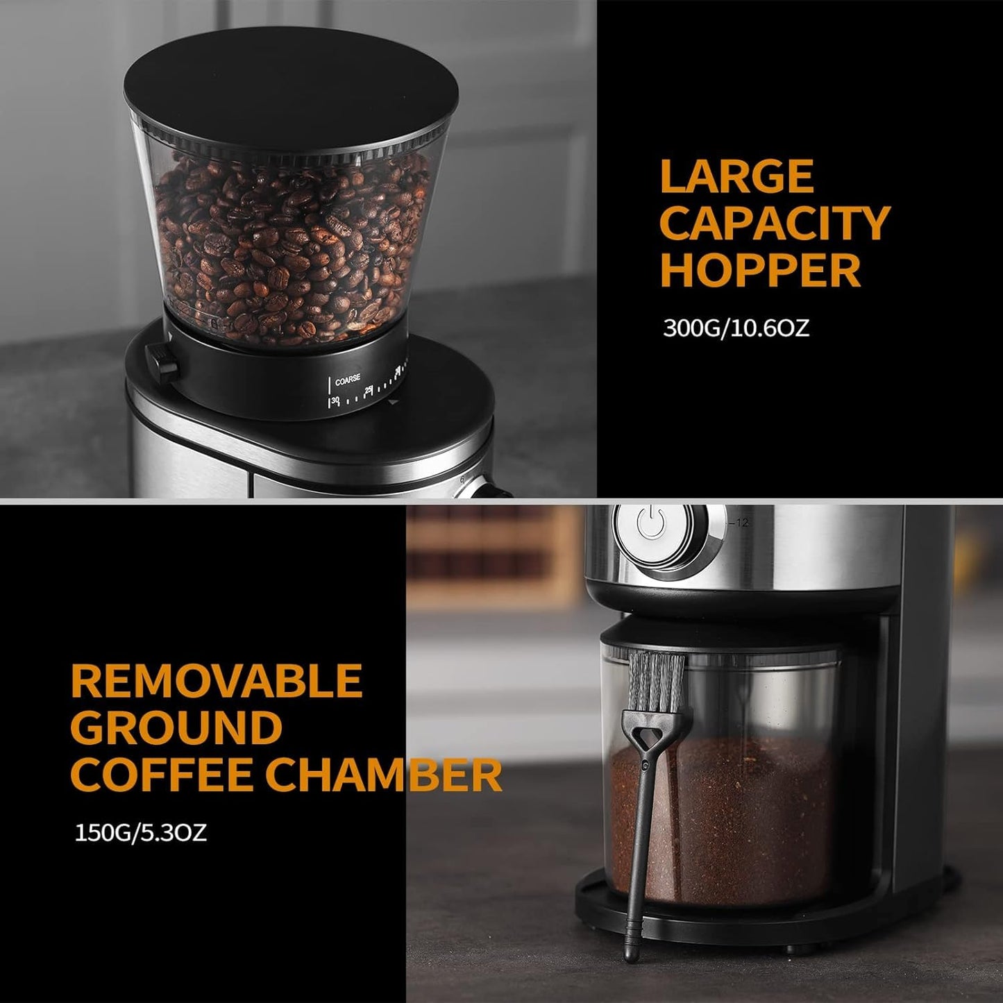 Ollygrin Burr Coffee Grinder, Electric Conical Coffee Bean Grinder With 30 Adjustable Grind Settings For 2-12 Cups, Sliver & Black
