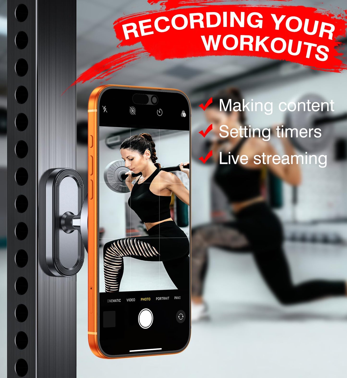 Coolpow Dual Magnetic Phone Holder for Gym Mag Safe Phone Holder【Strong Magnet】 Gym Phone Holder Camera Mount for Gym Accessories for Women Attach to Metal Surface with iPhone 17 Pro Max 16 15 14 13