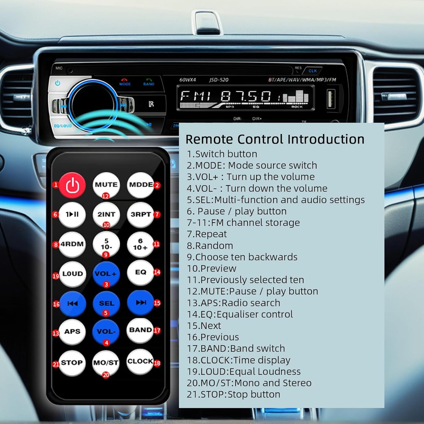 Auroky JSD-520 Charging/MP3/AUX/TF, Car Stereo Audio Single Din Bluetooth Handsfree FM Radio Receiver USB No CD Player