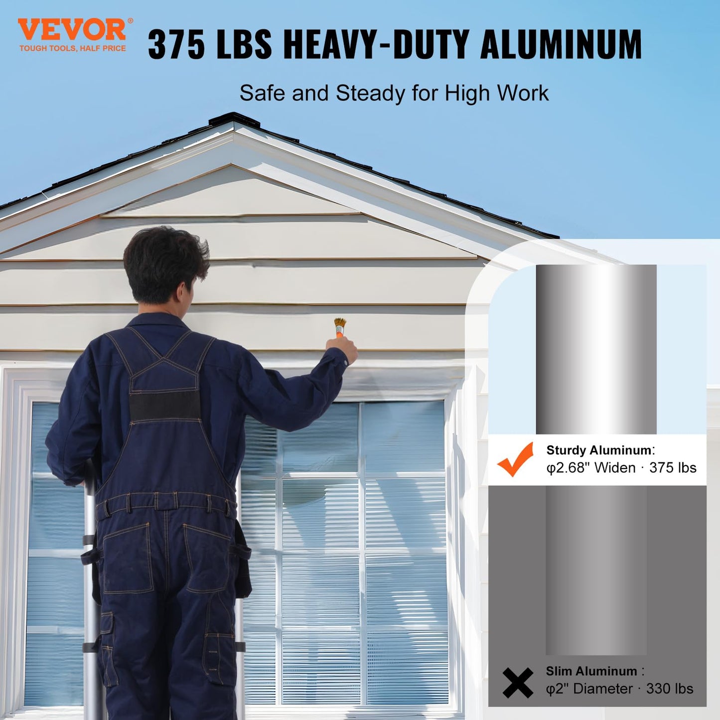 VEVOR 12.5FT Aluminum Telescoping A-Shape Extension Ladder, 375 LBS Capacity Lightweight, Multi-Button Retraction Collapsible Multi-Purpose Ladder with Stabilizer Bar for RV & Camper