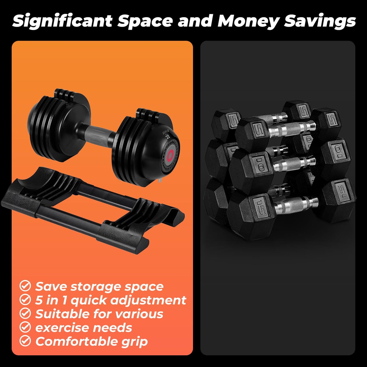 Adjustable Dumbbell Set: 22LBS/52LBS Dumbbell Set with Tray for Fitness, Fast Adjust Weight by Turning Anti-Slip Handle, Suitable for Men and Women