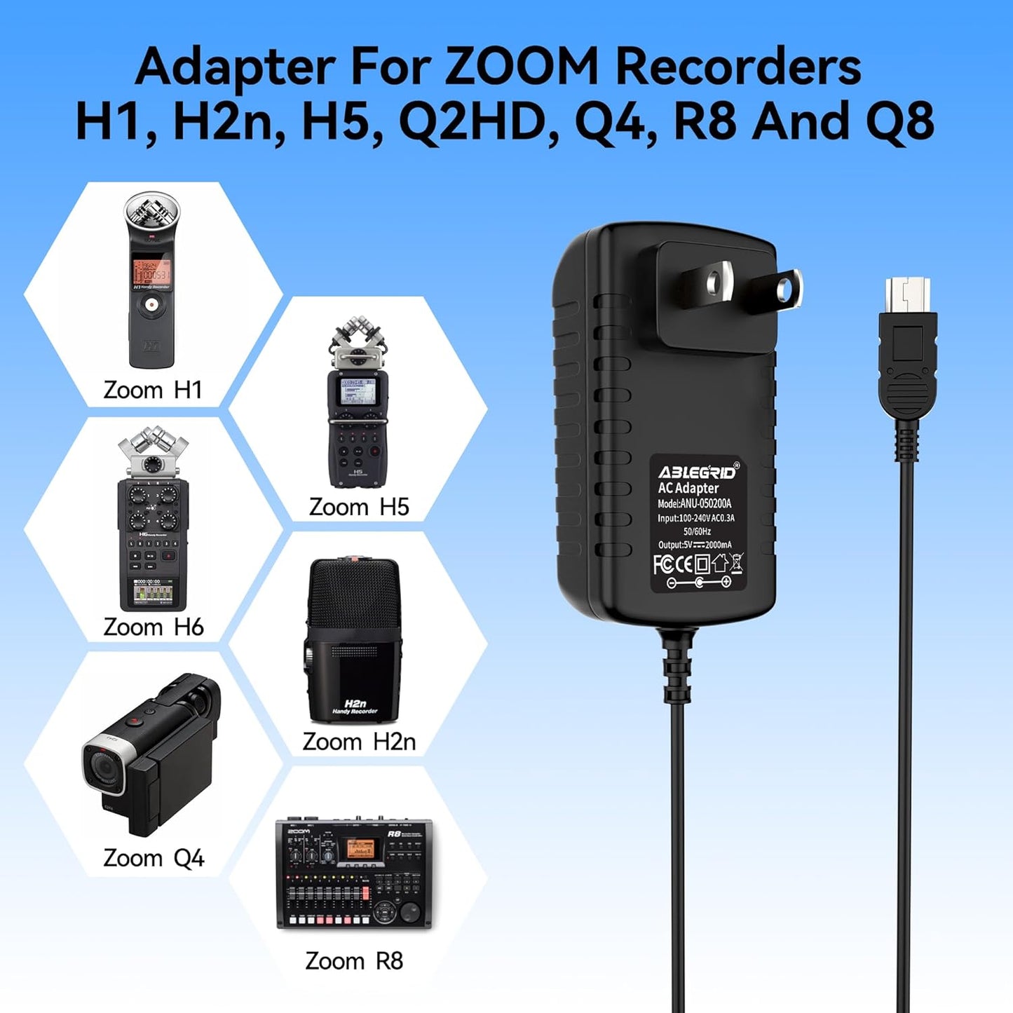 XMHEIRD AD17 H1, H2n, H5, H6, Q2HD, Q4, Q8 R8 AC/DC Adapter for Zoom and Recorders Power Supply Cord Cable PS Charger