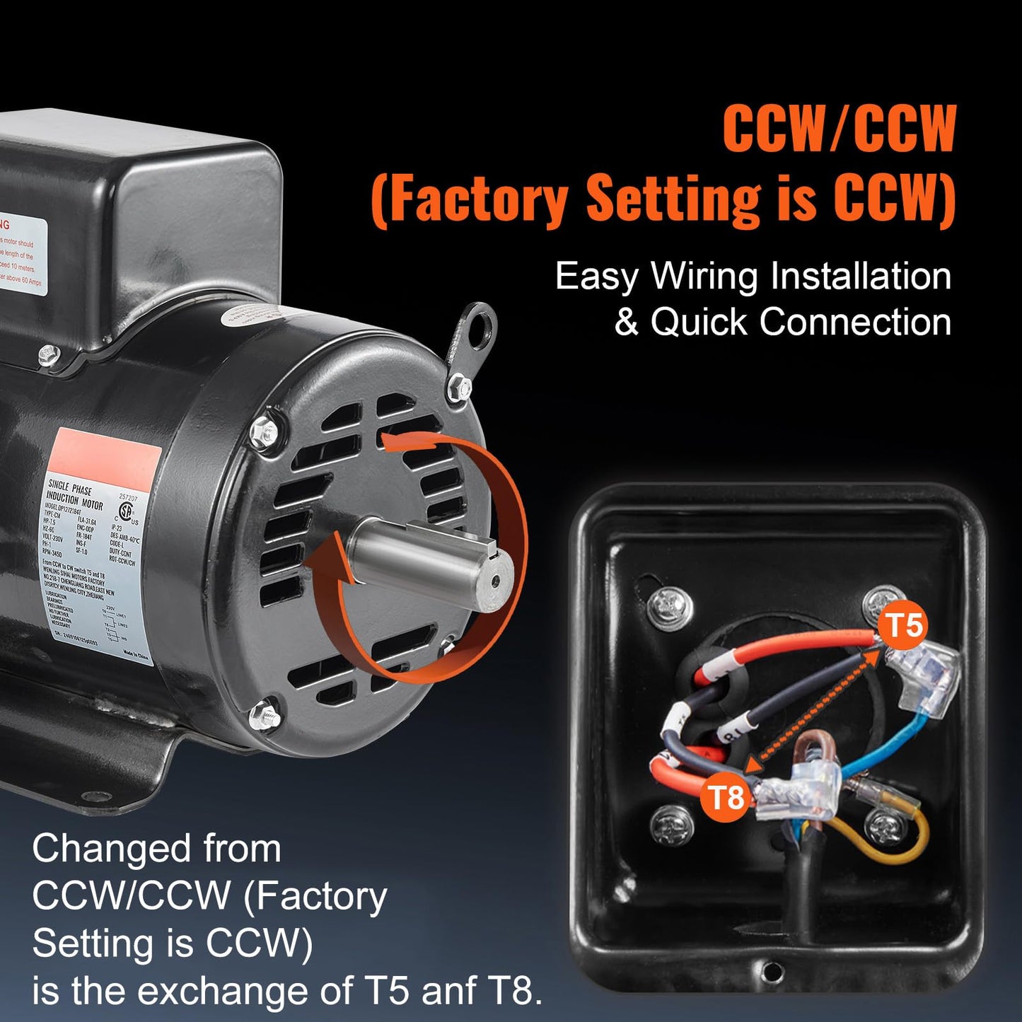VEVOR 7.5HP Air Compressor Motor, 230V 31.6 Amps Electric Motor, 3450RPM 184T Frame, 1-1/8" Keyed Shaft, 2.75" Shaft Length for Air Compressors, Single Phase, CCW/CCW (Factory Setting is CCW)