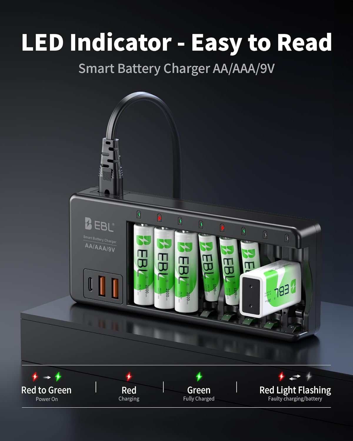 EBL 9V 9V 2 1 AA AAA Individual Battery Charger for AA AAA NiMH NiCD Rechargeable Battery, with USB-A & USB-C Charging