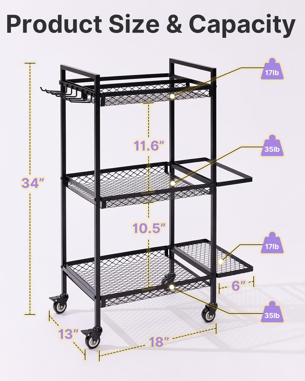 YOTTOY 3-Tier Gym Storage Rack for Home Gym–Multi-Functional Weight Rack, Dumbbell Rack, Yoga Mat Holder with Side Basket & 6 Hooks, Gym Equipment Organizer (Black)