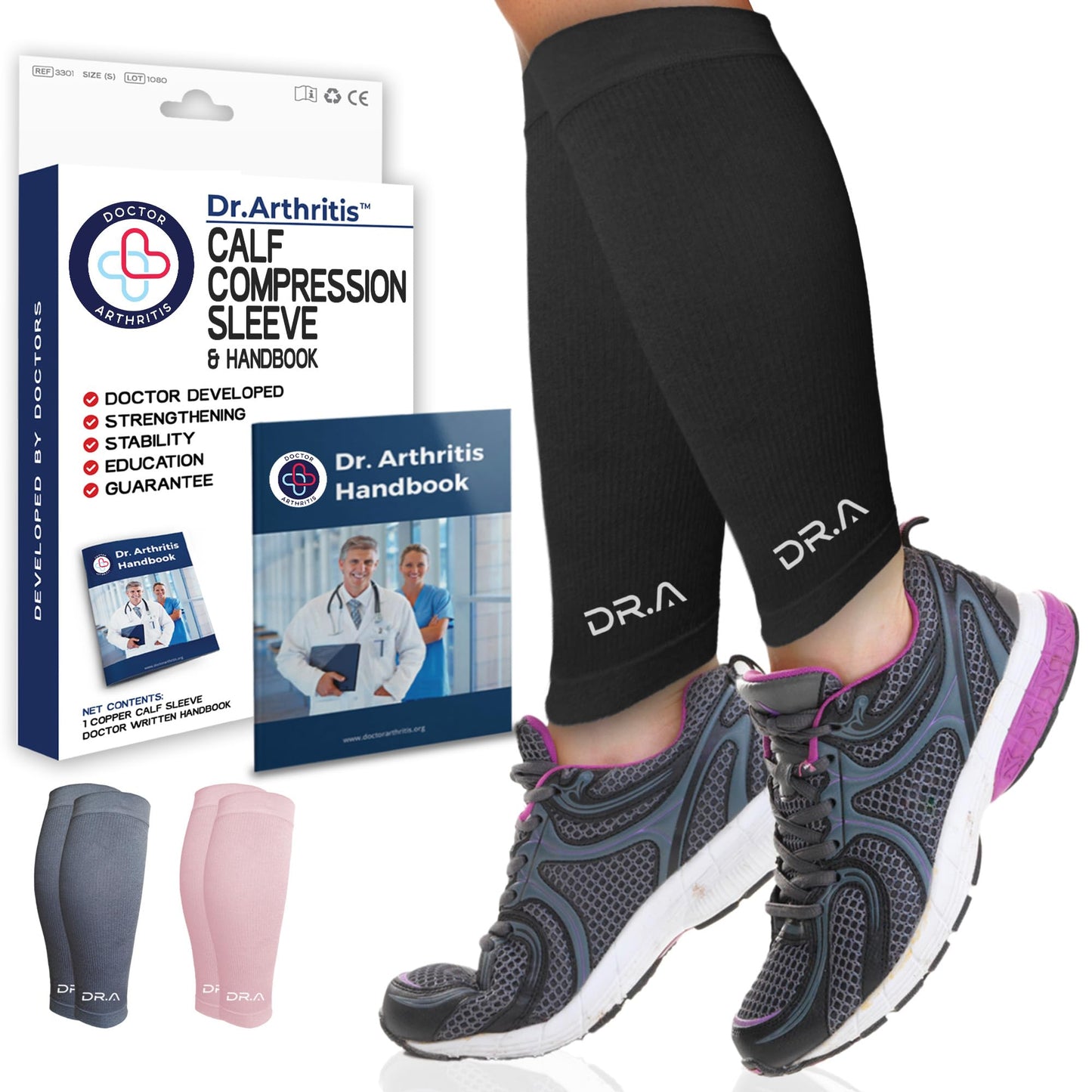 Dr. Arthritis Doctor Developed Calf Sleeve, Medical Leg Compression Sleeve for Circulation, Varicose Veins & Shin Splint, Leg Sleeves for Men & Women, (Large, Black, 1 Pair)