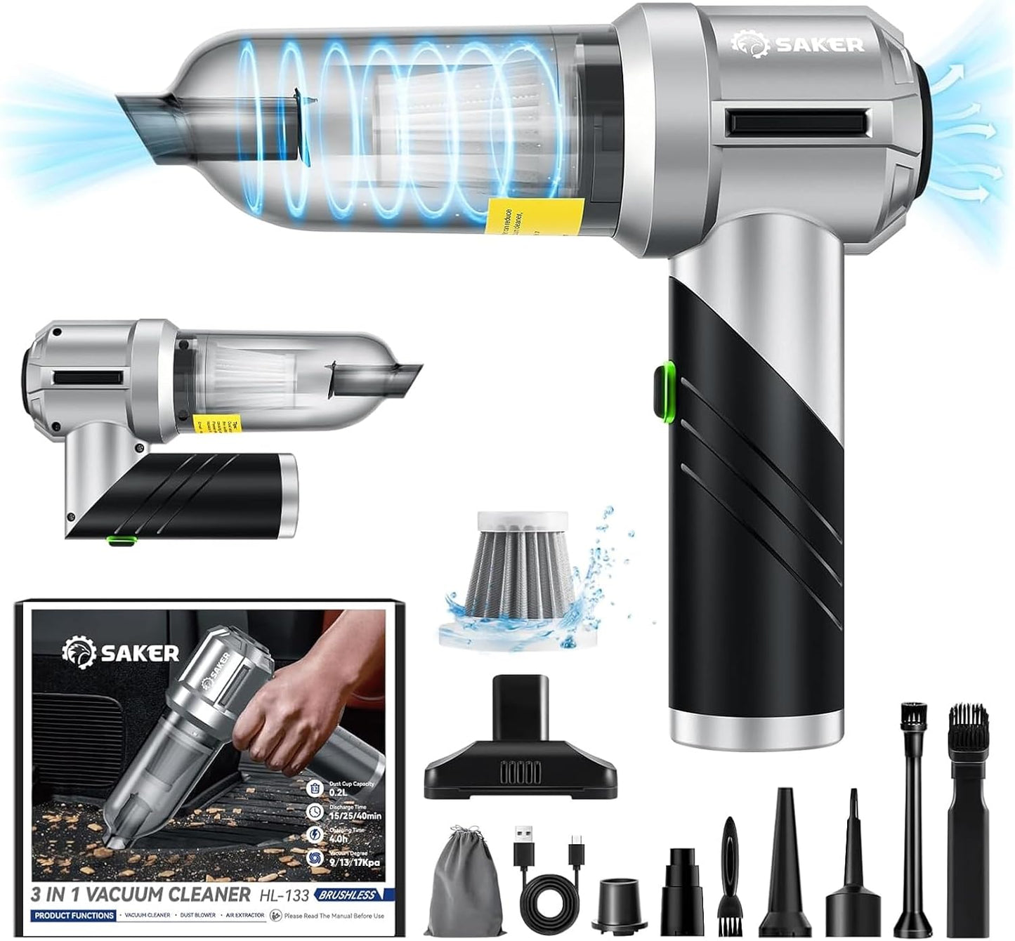 Saker Portable Handheld Vacuum - Cordless 17000PA Mini Car Cleaner with Brushless Motor | Ideal for Home & Pet Cleaning