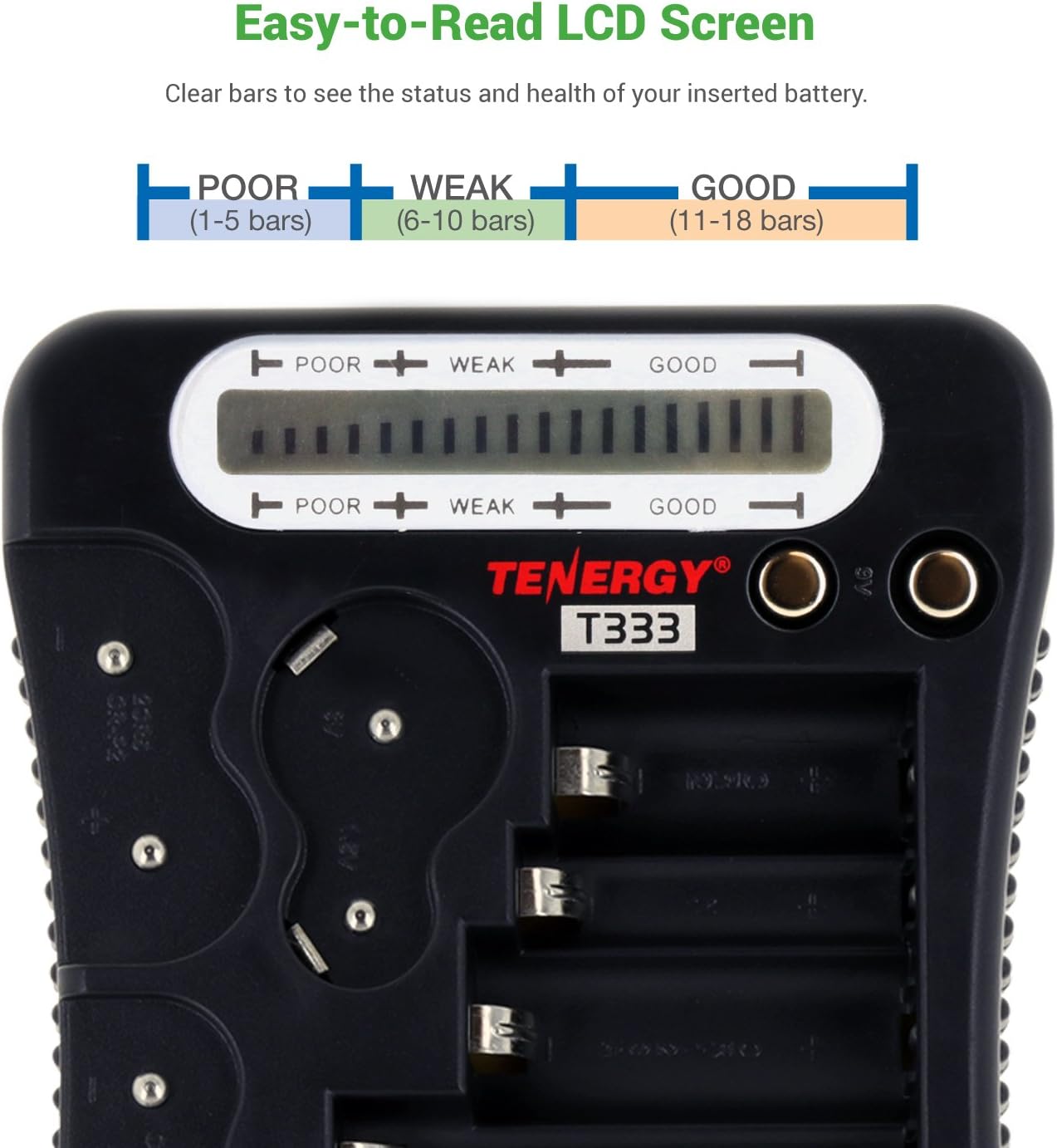 T-333 9V, CR123A, CR2, CRV3, 2CR5k CRP2, Tenergy Universal Battery Tester, LCD Display, Cell Checker, Multi-Purpose