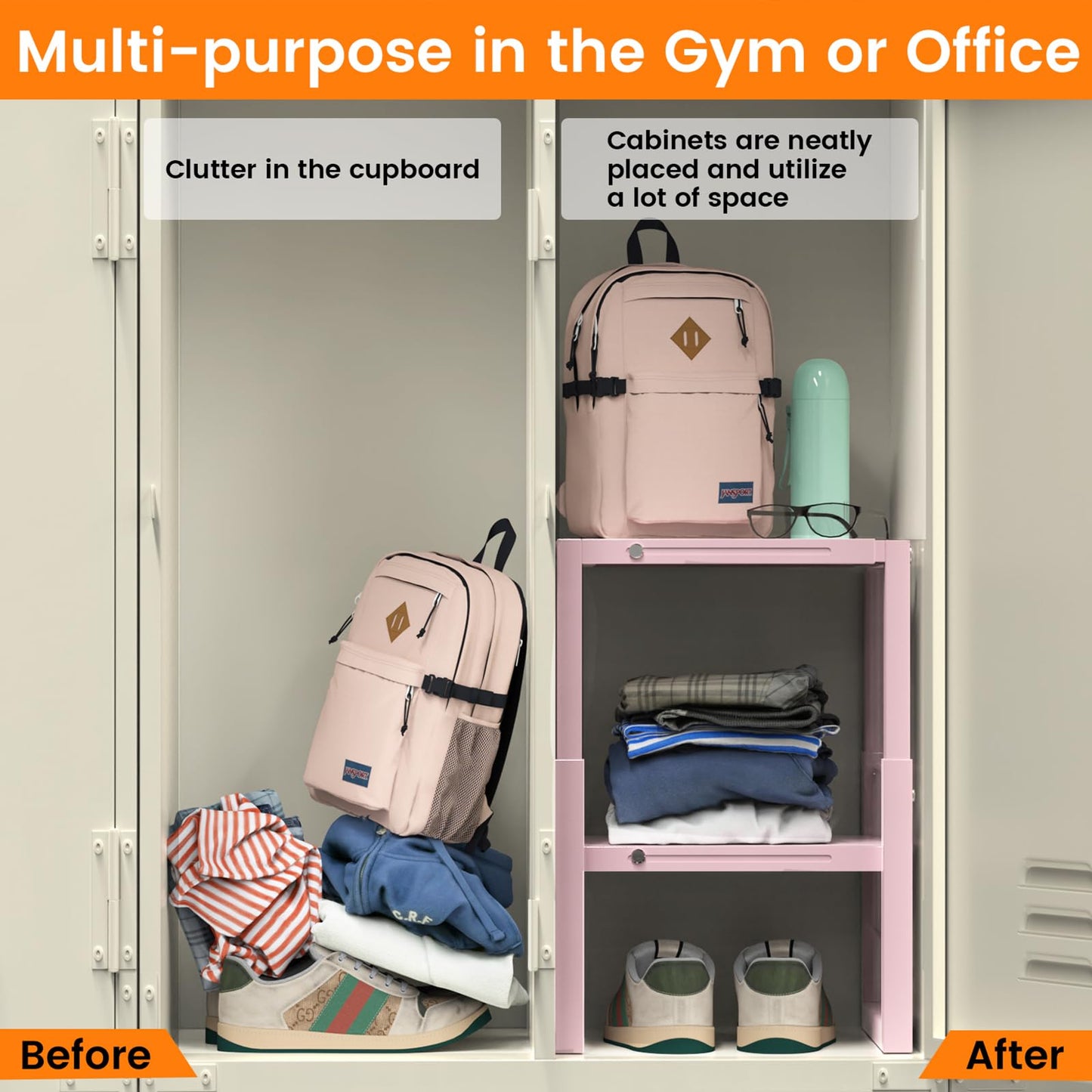 LIDTOP Locker Organizer Shelf Pink, Adjustable Width and Height, Stackable Metal Locker Storage Organization, Ideal Locker Fits Standard Size School, Office, and Gym Lockers