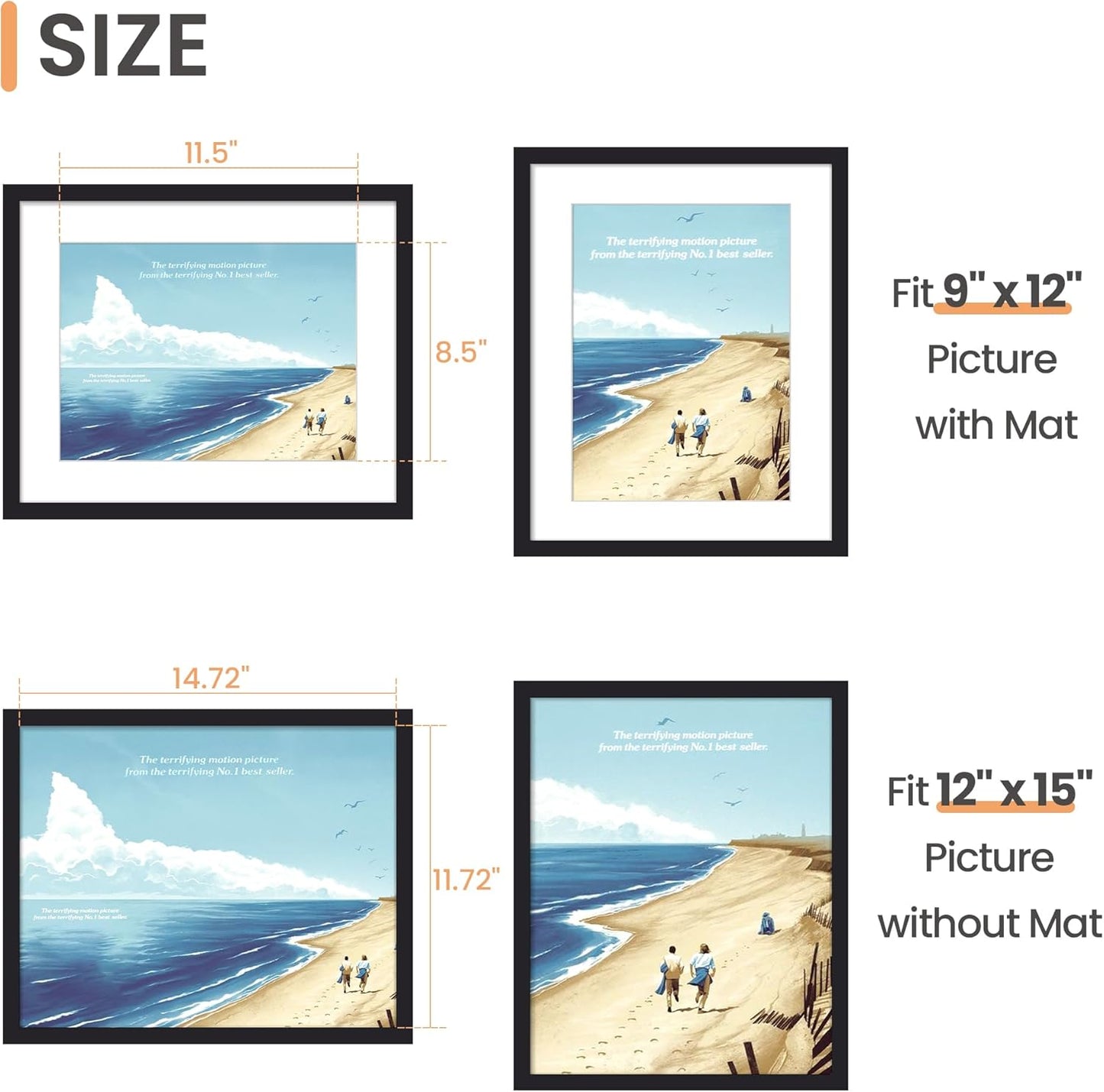Upsimples 12x15 Photo Frame - Display 9x12 Pictures with Mat or 12x15 Without | Black, 1 Pack