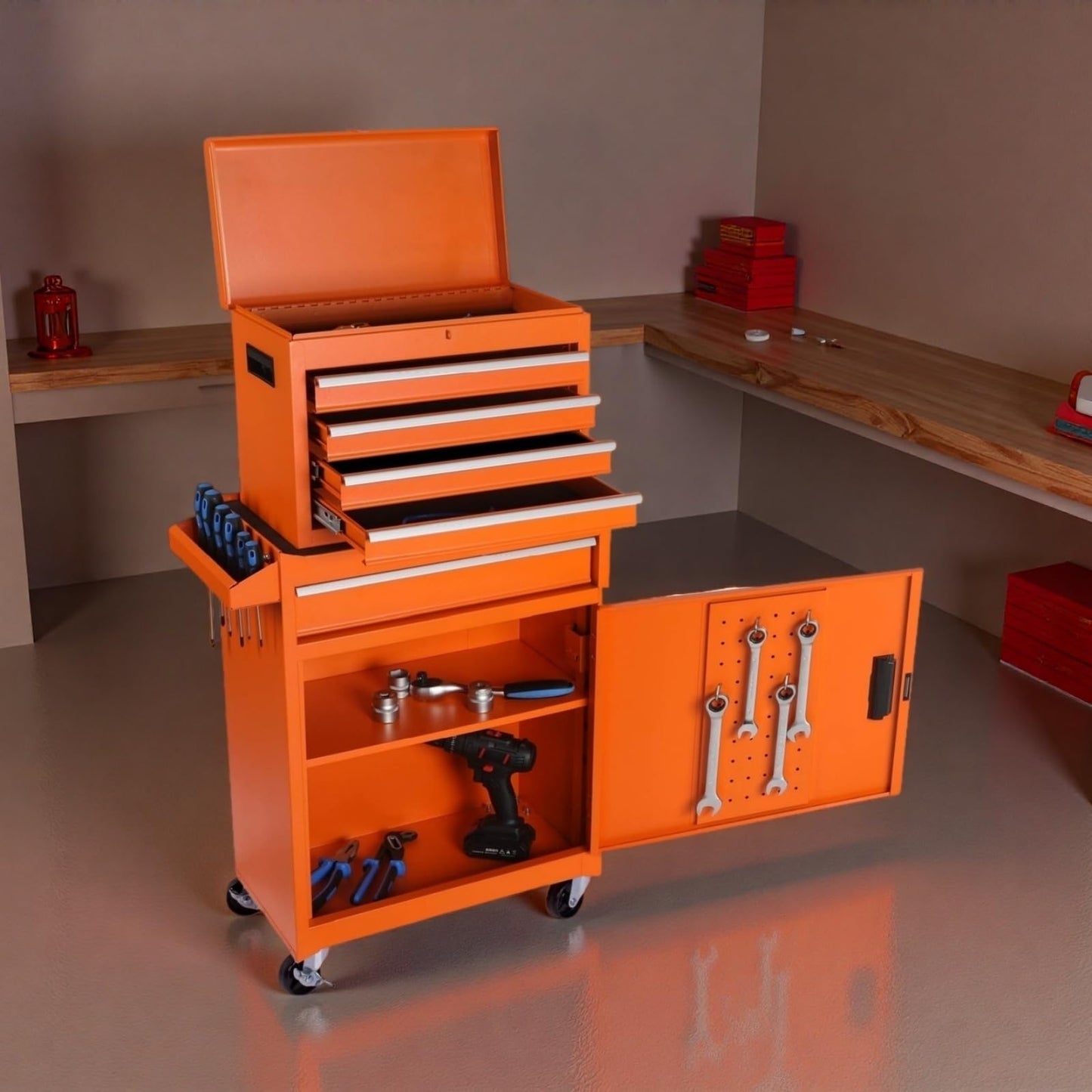 Trygoal Tool Chest, 5-Drawers Rolling Tool Storage Cabinet with Detachable Top, Adjustable Shelf, Lockable Wheels & Locking Mechanism, Multifunctional Tool Cart for Garage Warehouse, Orange