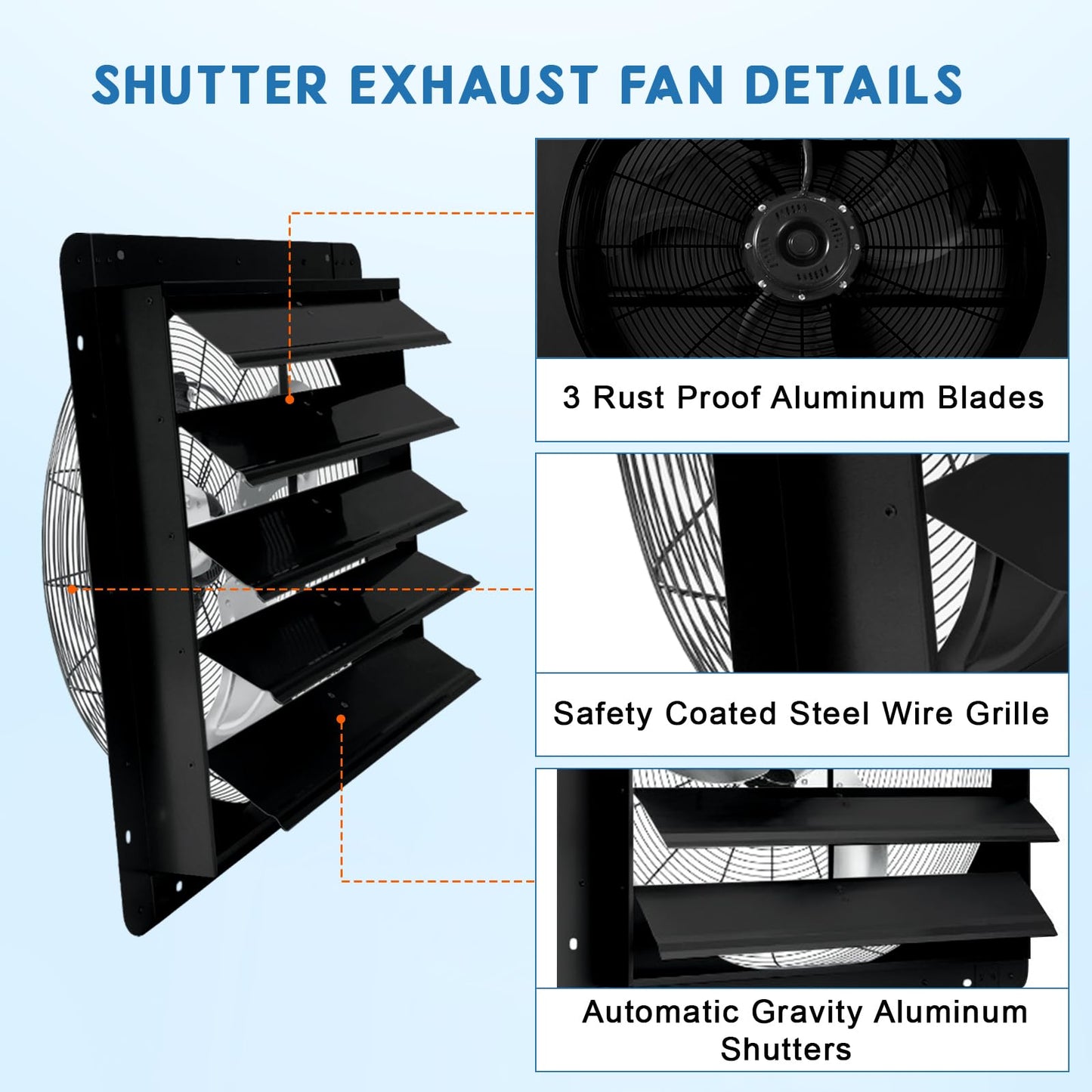 Garvee 24 In Shutter Exhaust Fan, Wall Mounted Shutter Exhaust Fan Aluminum, 3500 CFM High Speed Louvered Vent Fan with Automatic Shutter for Garage, Attic, Workshop, Greenhouse