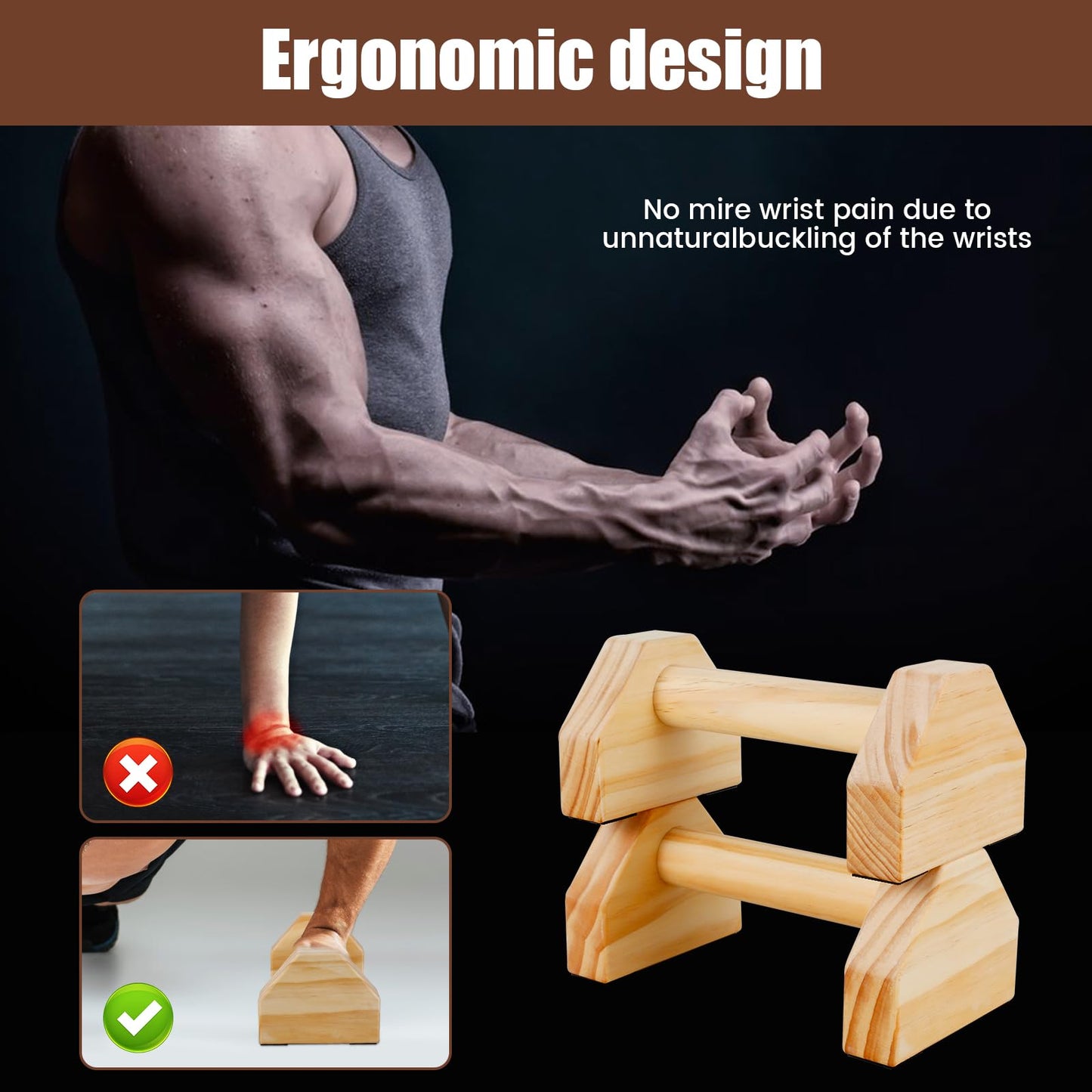 Wooden Push-up Bars, 1 Pair Non-slip Base Pushup Handles Stand, Home Workout Calisthenics Equipment, Push up Bracket Board with Ergonomical Handle, Wooden Parallettes Bars for Fitness Training