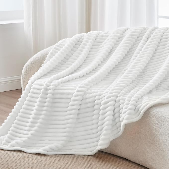 BEDELITE Twin Blanket for Couch & Bed, 300GSM Soft & Warm Fleece Blanket, Decorative and Giftable Striped White Blankets for Women, Men, 60"x80"
