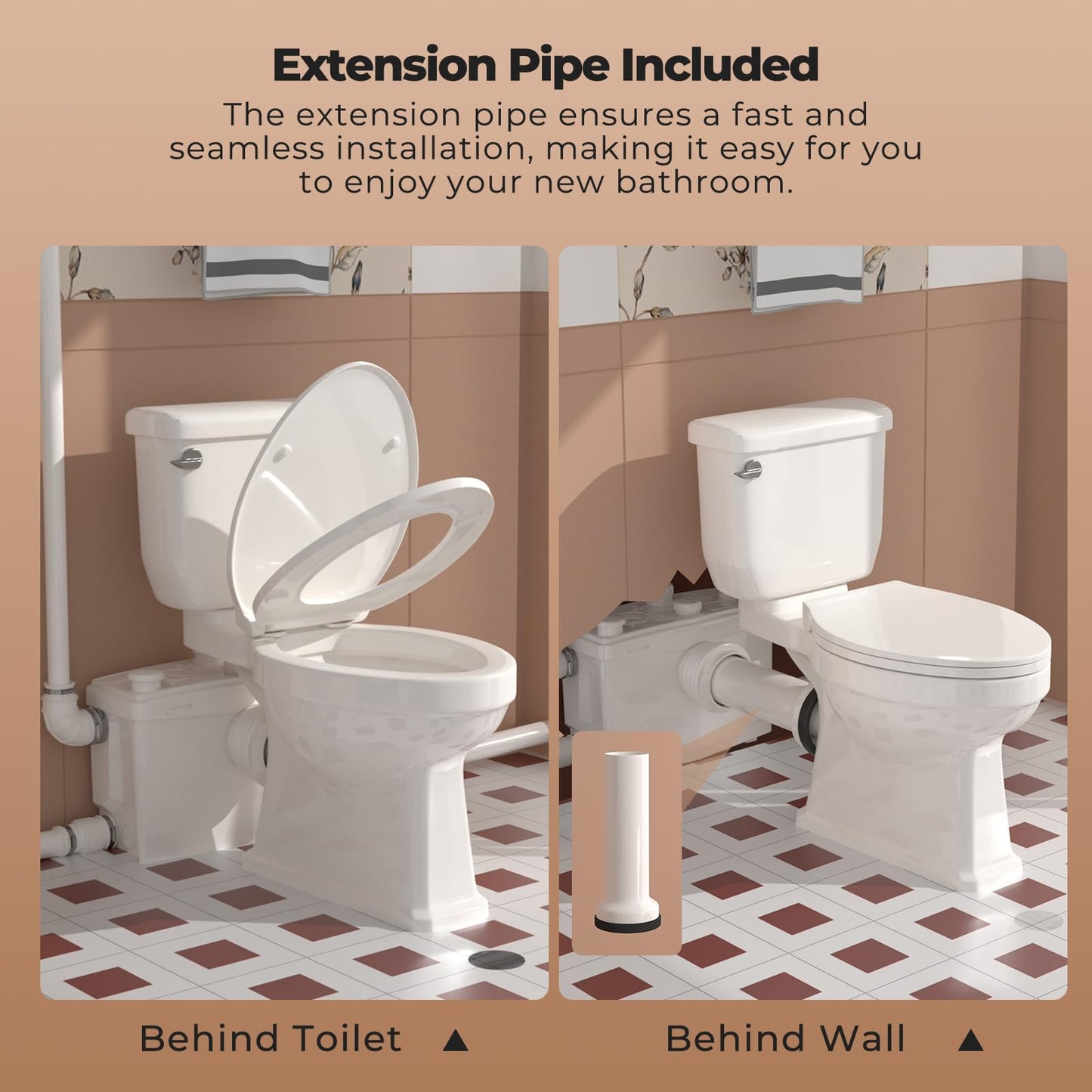 800W Macerating Toilet System, HIGH POWER Upflush Toilet with Grinder Pump for Basement, 4 Inlets for Kitchen/Laundry/Shower/Sink, 36ft Head Lift, Elongated Tall Toilet, Extension Pipes for Hiden Pump