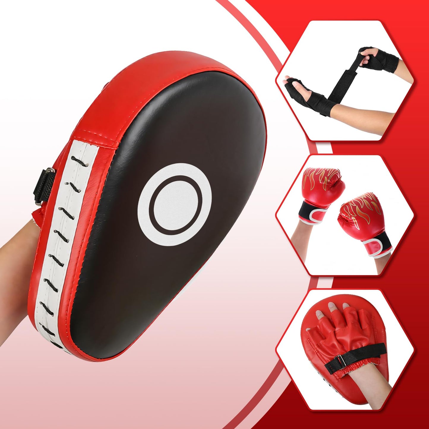 3-in-1 Boxing Gloves and Punching Mitts Set for Kids Youth, Kids Boxing Gloves Curved Punching Pads with Hand Wraps, Focus Mitts Boxing Equipment Set for Boxing Training MMA Karate Muay Thai Taekwondo