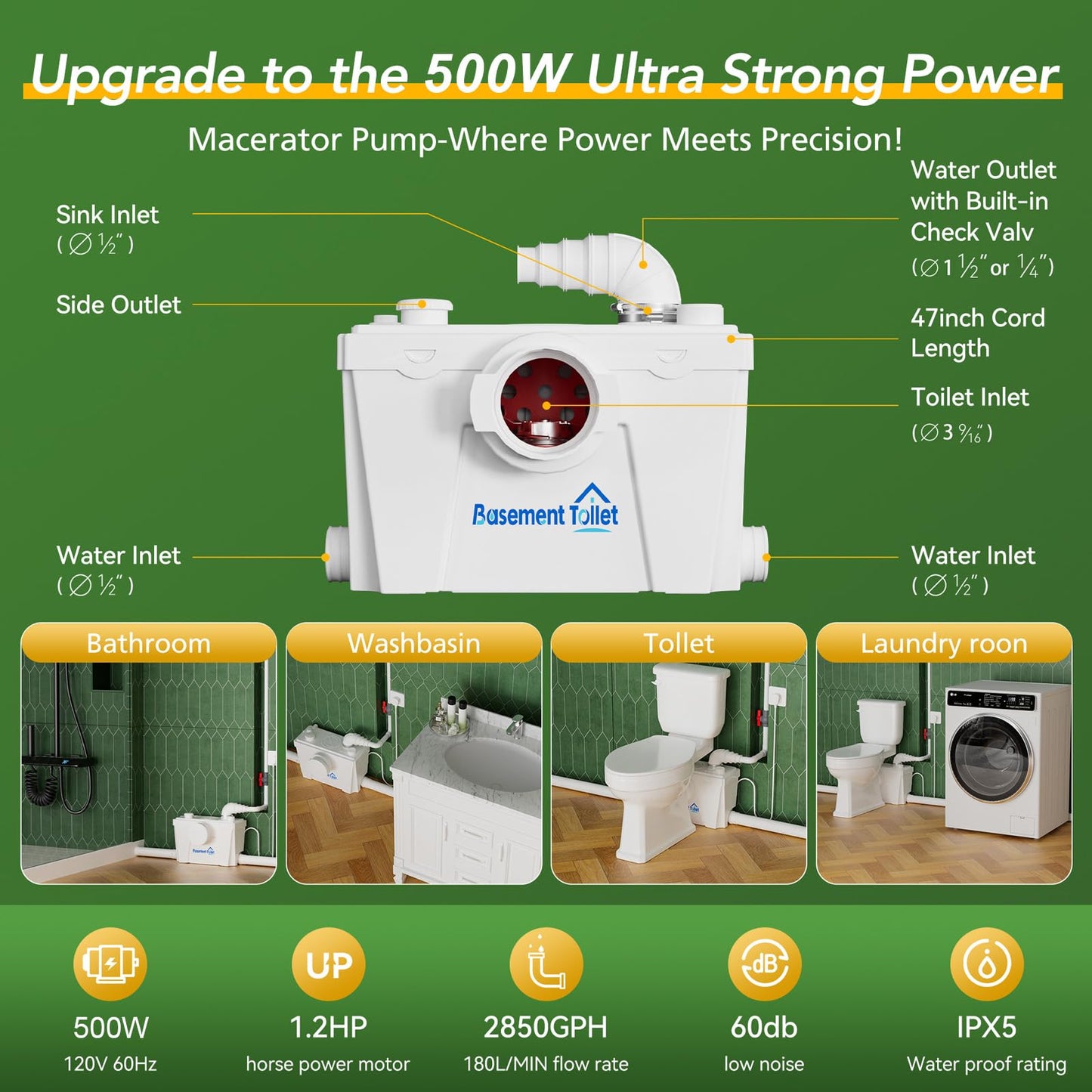 Macerator Pump for Basement Toilets, Sinks, Showers & Laundry – Upflush Pump to 23ft/8 m, 1800GPH with 4 Water Connections, Quiet & Versatile Sewage Solution for Home Bathrooms