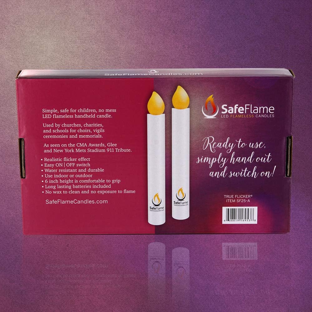 SafeFlame Flickering LED Handheld Candles - Battery Operated with Easy On/Off Switch - Box of 25 (Amber)