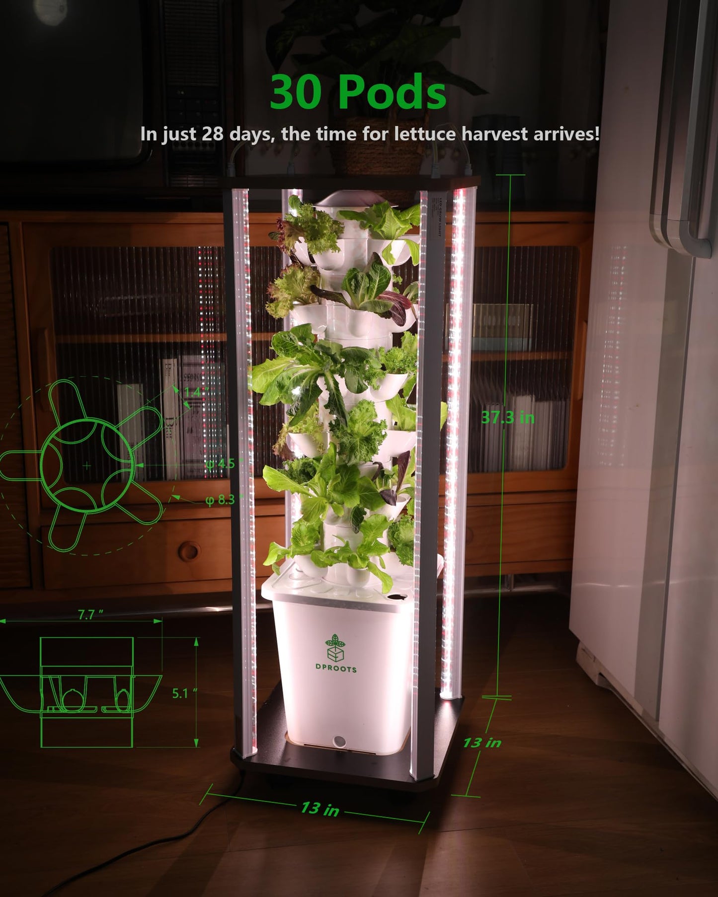 DPROOTS Hydroponic Tower Growing System Kits，30 Pods Vertical Indoor Garden，360° Full-Spectrum Lighs, Automatic Water Circulation System，Suitable for Leafy Greens and Herbs