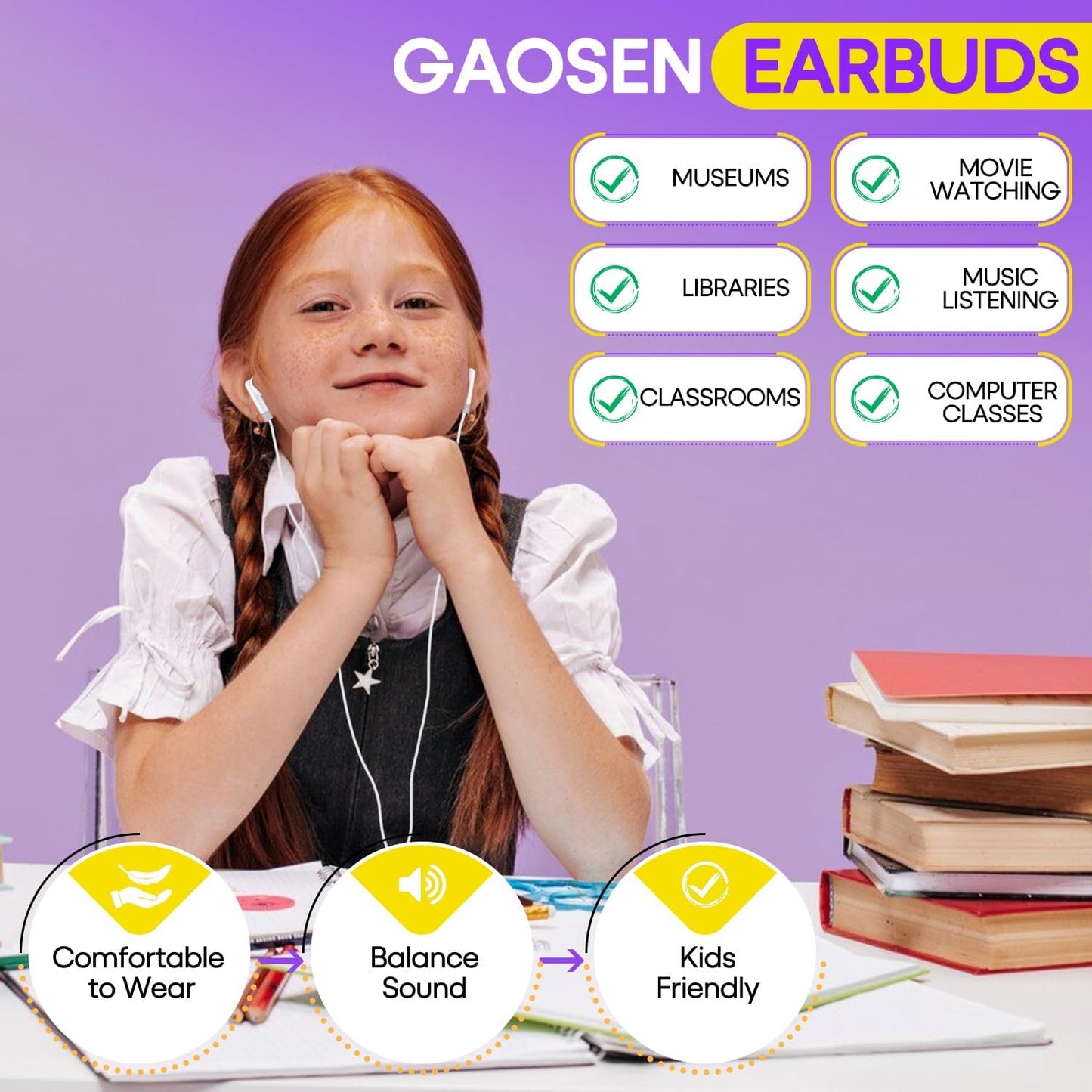 Gaosen 50 Pack 3.5 mm PC(GS01, 50 Bulk Kids Earbuds for School Classroom, Multi Colored Student Wired Headphones