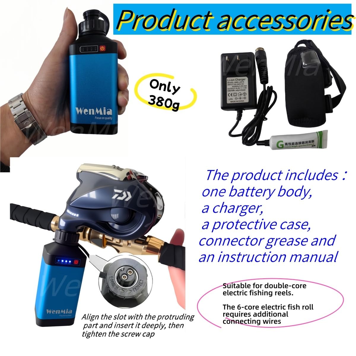 WenMia 14.8V Super Mini Electric Fishing Reel Battery IP68 Waterproof Aerospace Aluminum Body Compatible for Daiwa and Portable Design (New5000mAh-Blue)