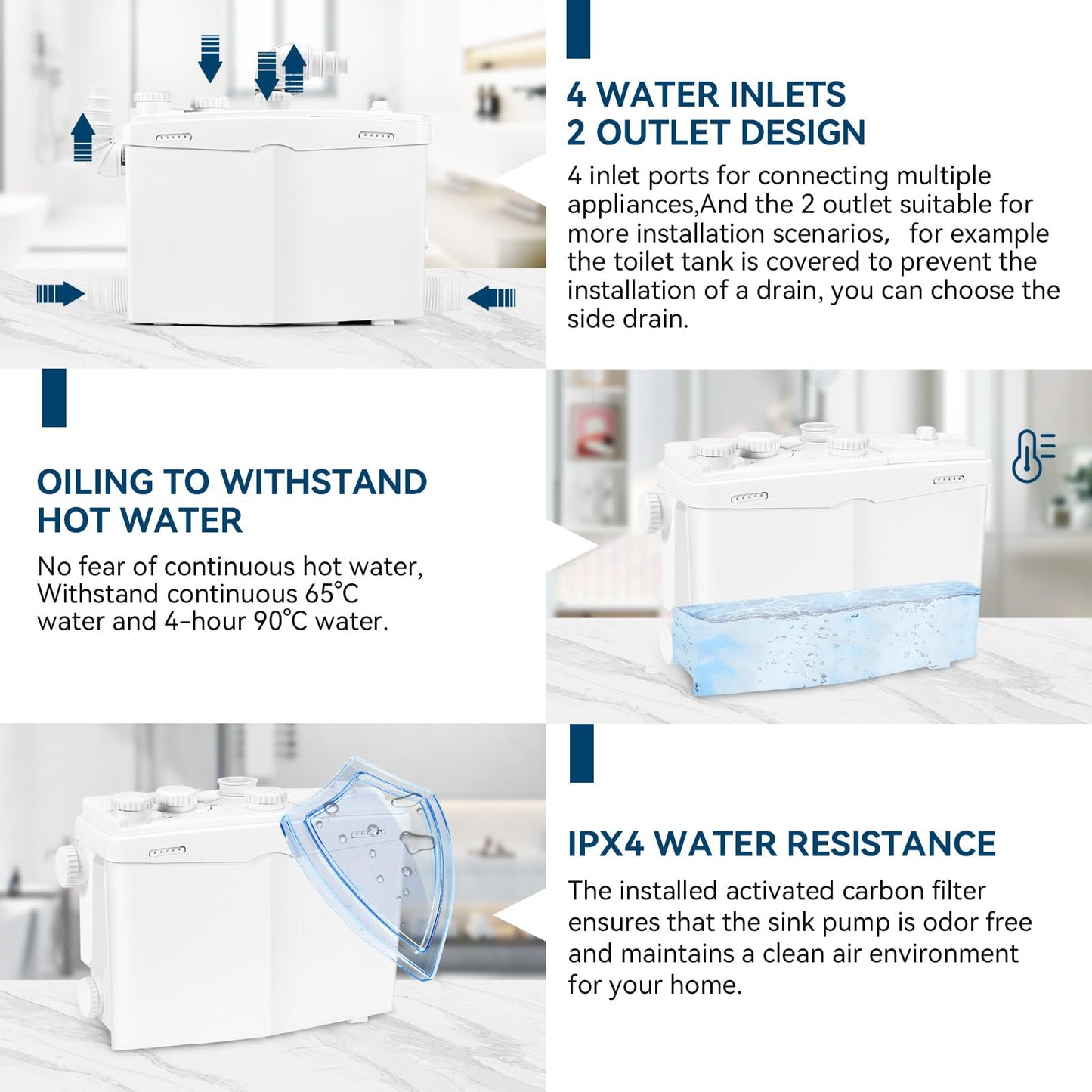 1200W Utility Sink Pump with Blade PCB Function Under Sink Pump Upflush to 39.4FT 2800GPH with 4 Water Inlets 2 Outlets Macerating Toilet System for Sink Shower Washing Machine Kitchen Basement