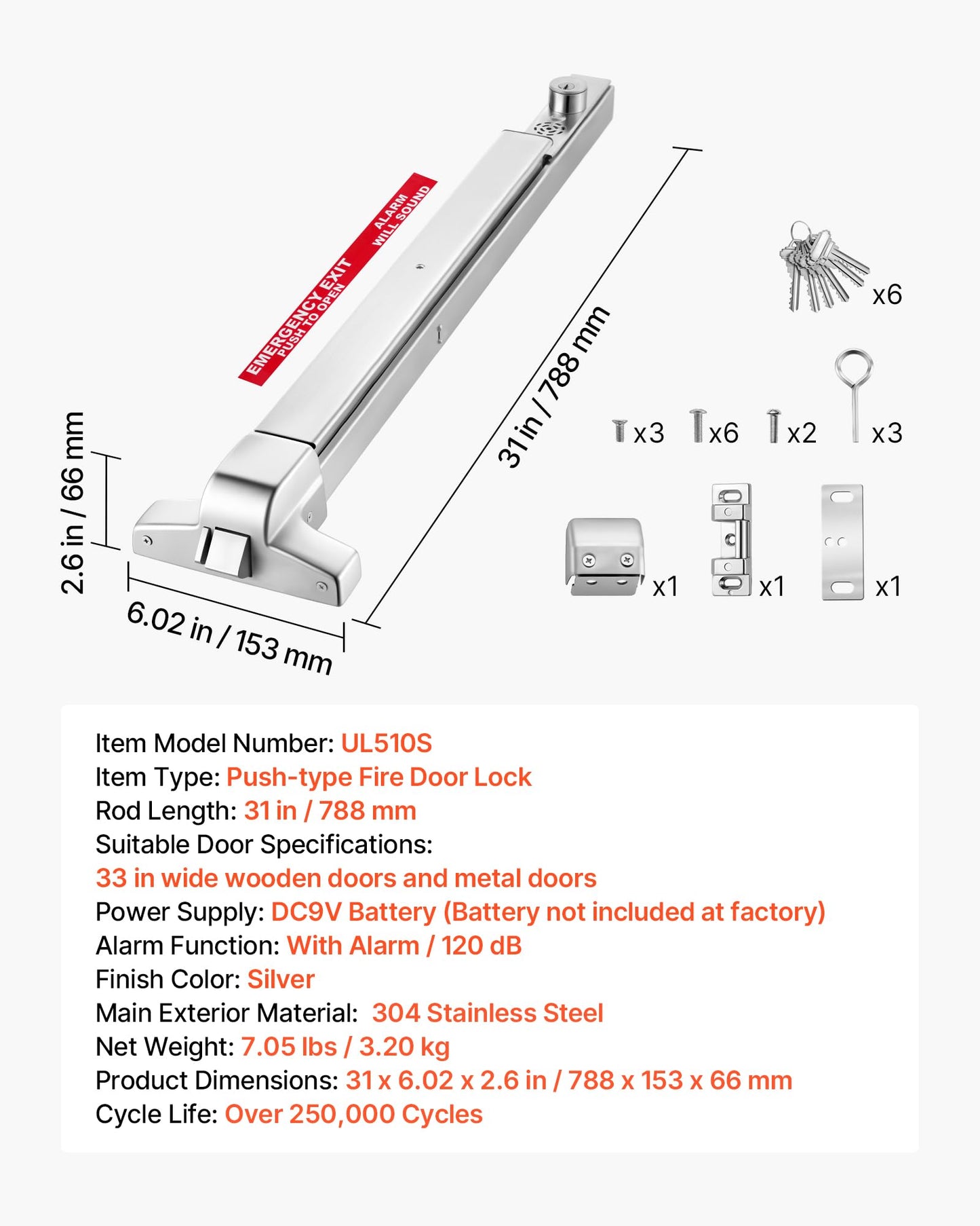 VEVOR Push Bar Panic Exit Device, 31" Stainless Steel Commercial Panic Bar for Exit Doors, Emergency Exit Door Hardware with Auto Alarm System and Sticker, for 31"-46" Wood or Metal Door, Silver