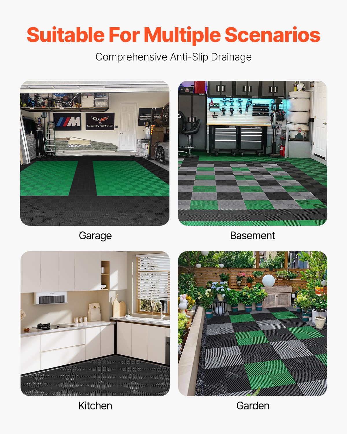 VEVOR Interlocking Drainage Mat, 12” x 12” Modular Interlocking Cushion, 55 Pcs Splicing Drainage Mats, Non-Slip PP Drainage Floor Tile and Shower Mat, for Garage, Garden, Kitchen & Outdoor, Black