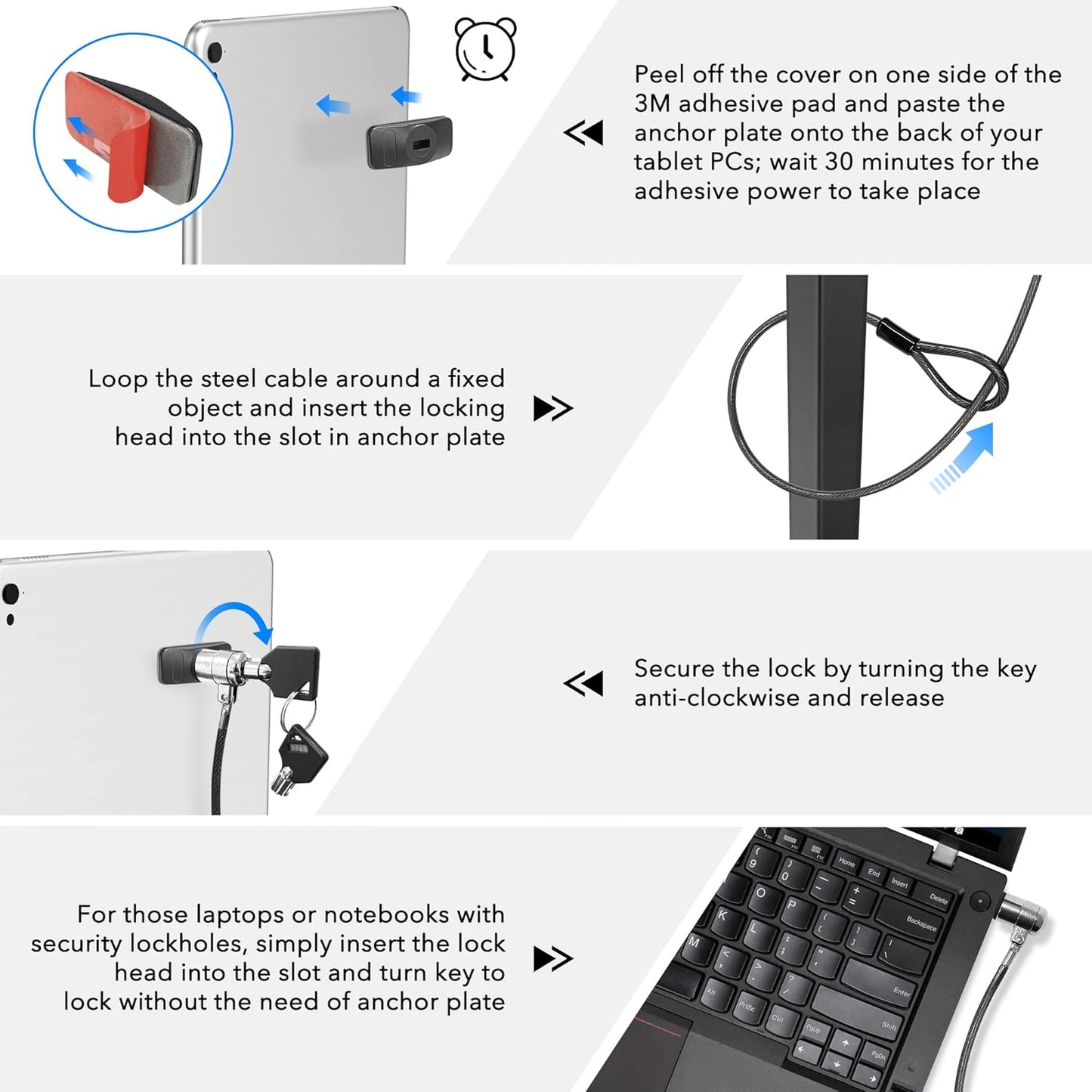 2 AboveTEK Laptop Lock, Tablet Lock Security Cable, Keys Sturdy Steel iPad Locking Kit w/Adhesive Anchors, Anti Theft
