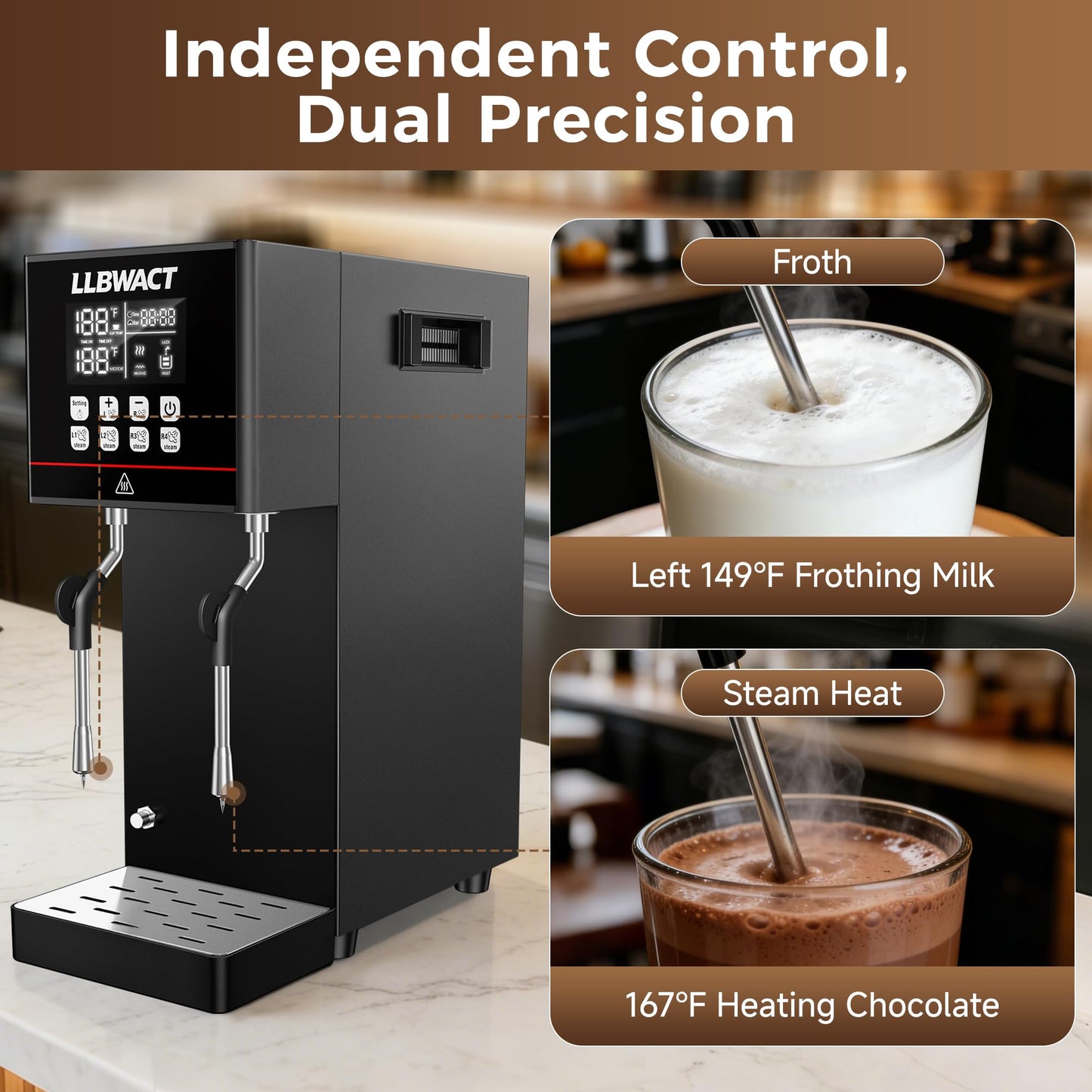 LLBWACT Dual-Head Commercial Steam Milk Frother, 2 Independent Wands, 15s Fast Frothing, 2000W 8L Continuous Steam, Independent Temp Control with LED Display for High-Volume Coffee Shop Restaurant