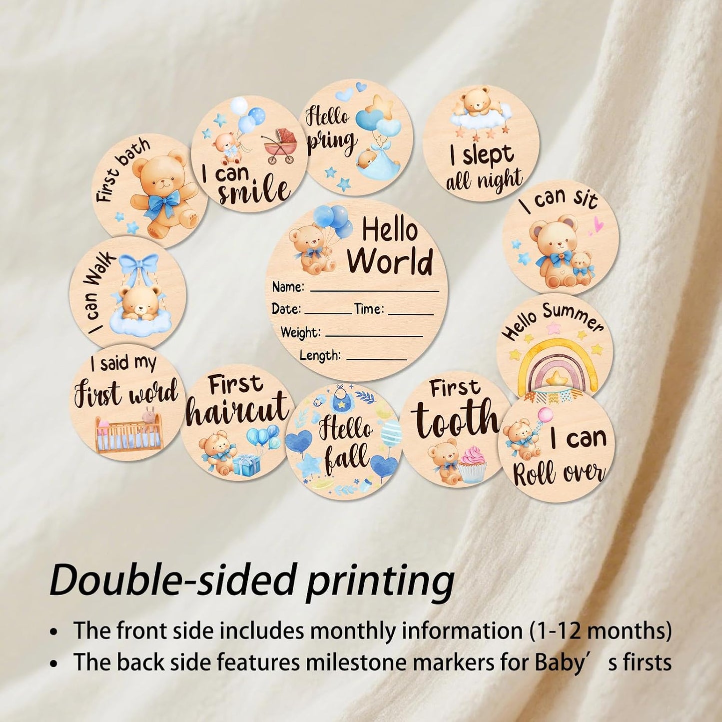 13 Props(0-12 Baby Monthly Milestone Cards - Double-Sided Wooden Milestone Signs Discs with Bear & Star Designs, Little