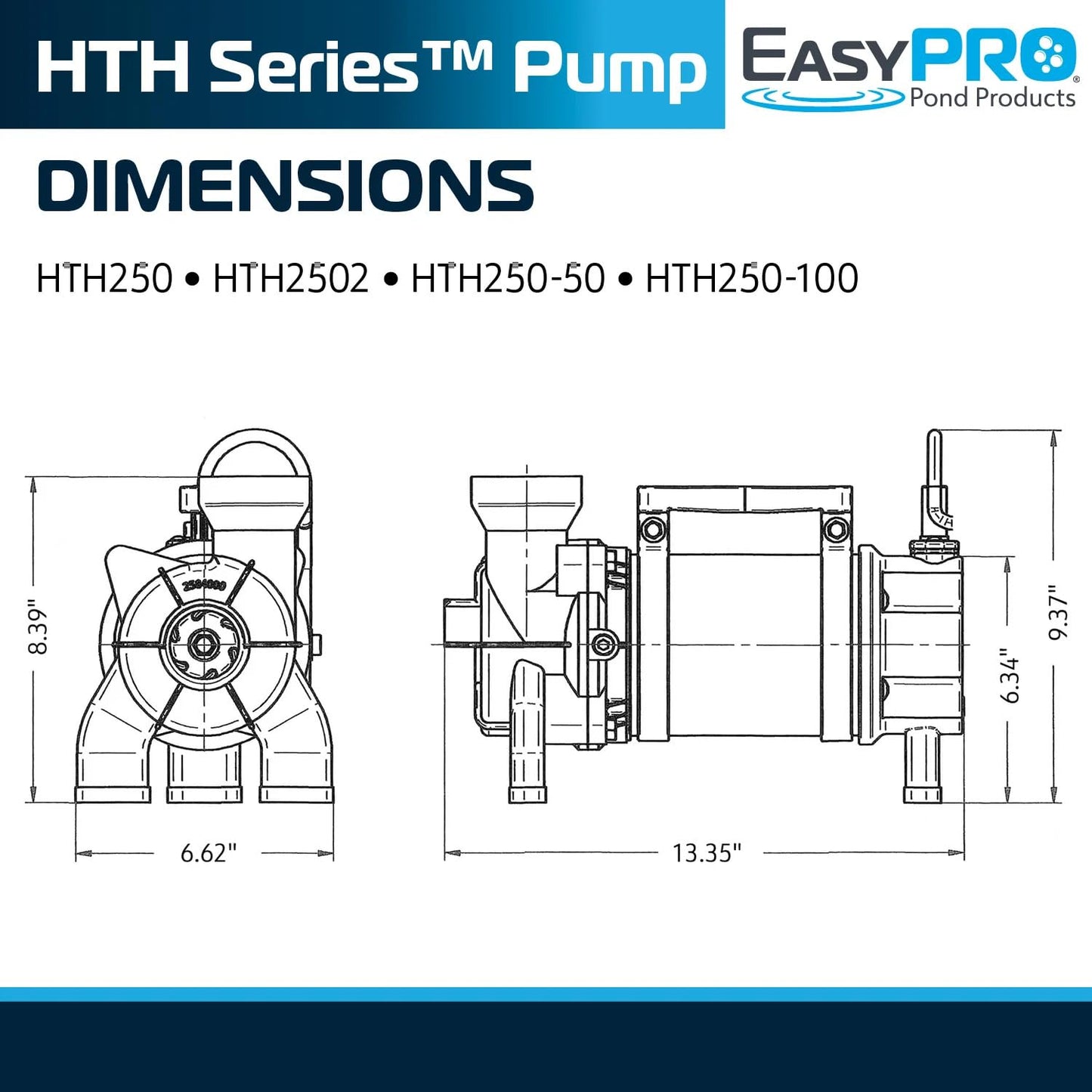 EasyPro HTH250 Stainless Steel Horizontal Submersible Pond Pump | 4800 GPH, 115V | 20' Power Cord | Continuous Duty Water Pump for Waterfalls, Streams & Skimmers | Energy Efficient Vortex Impeller