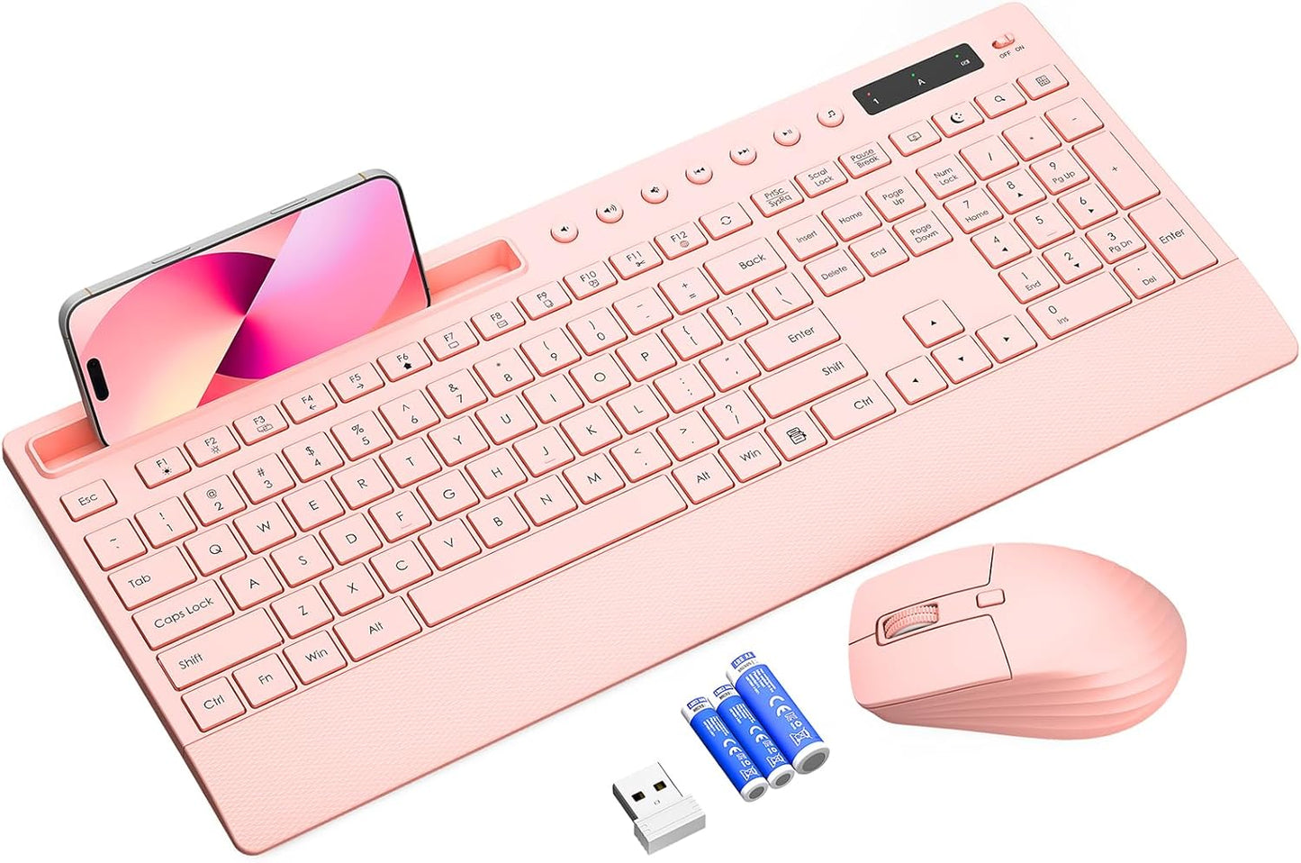 Trueque 2.4G Set Pink Keyboard and Mouse Wireless, Lag-Free Cute Keyboard Combo with Ergonomic Wrist Rest, Phone Holder