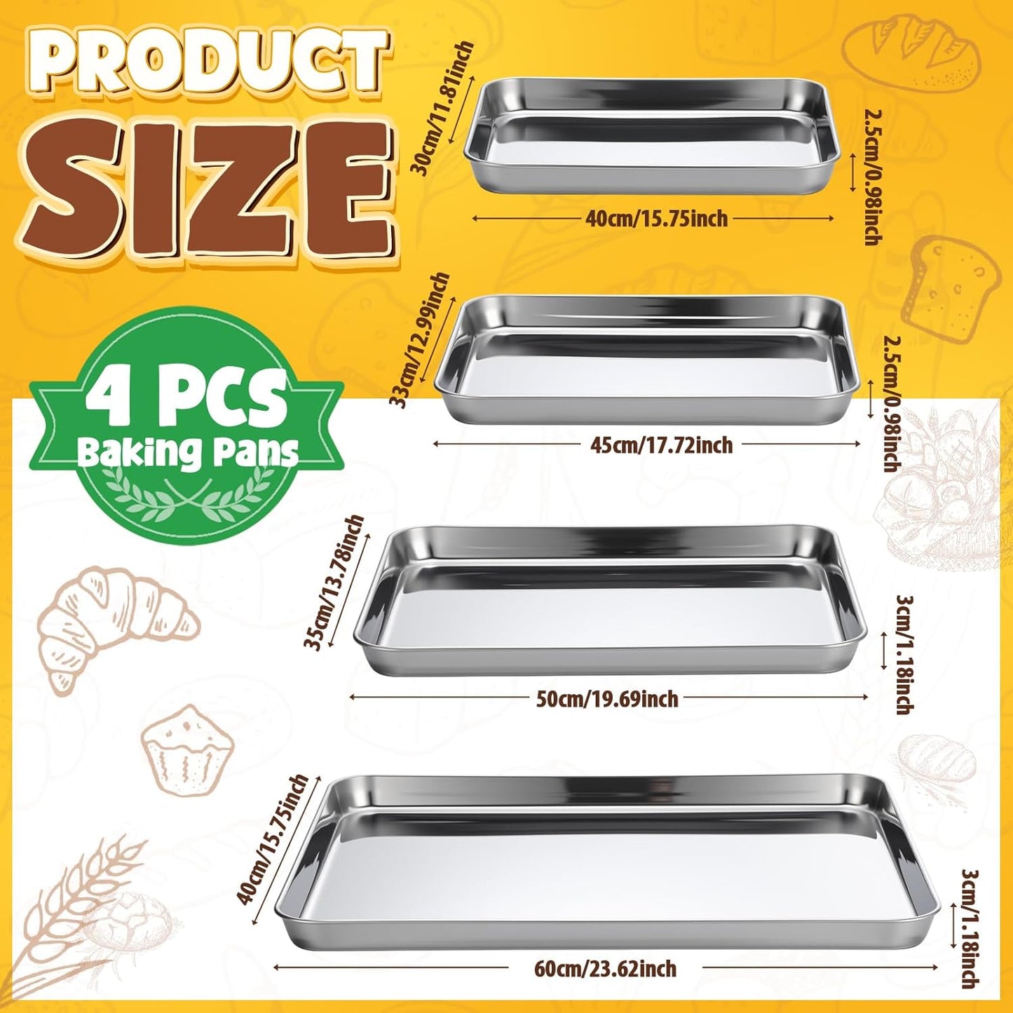 Skiennix Stainless Steel Baking Pans - 4 Pack Commercial Grade Cookie Sheets | Heavy Duty, Non-Stick, 16/18/20/24 Inch