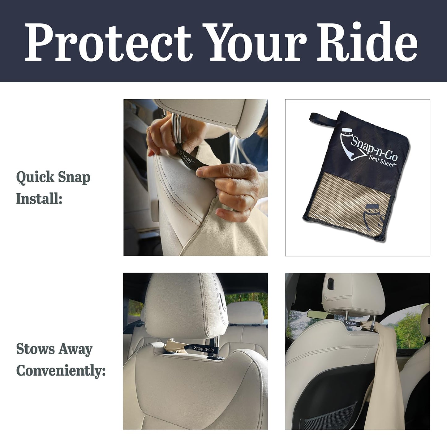 Car Seat Towel Cover After Gym Workout Yoga Pets | Snap-n-Go Seat Sheet™ Universal Fit with Headrest Post Straps, Quick-Dry Washable Sweat Protector for Cars, Trucks, SUVs Interior Protection (Beige)