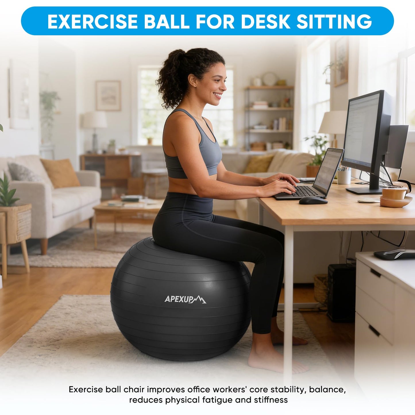 APEXUP Yoga Ball Exercise Ball Anti Slip Heavy Duty for Fitness, Balance & Core Workout, Balance Training, Pregnancy & Physical Therapy, 5 Sizes (L (23"~26") 65cm, Black)