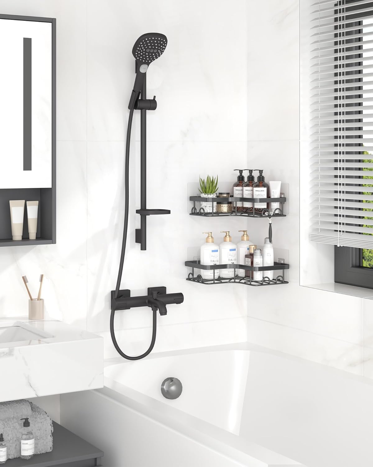 Sakugi Corner Shower Caddy - Rustproof Stainless Steel Organizers with 8 Hooks | No-Drill, Space-Saving, Black, 2 Pack