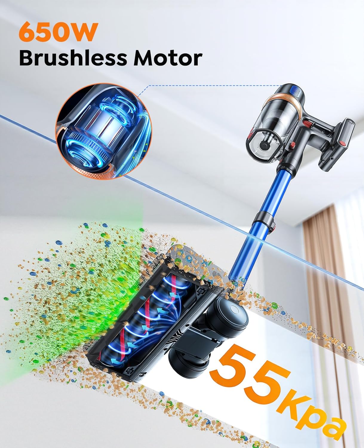 Skiennix Cordless Vacuum Cleaner - 650W Powerful Suction, 70 Mins Runtime, Includes Mattress Tool | Ideal for Pet Hair & Carpets
