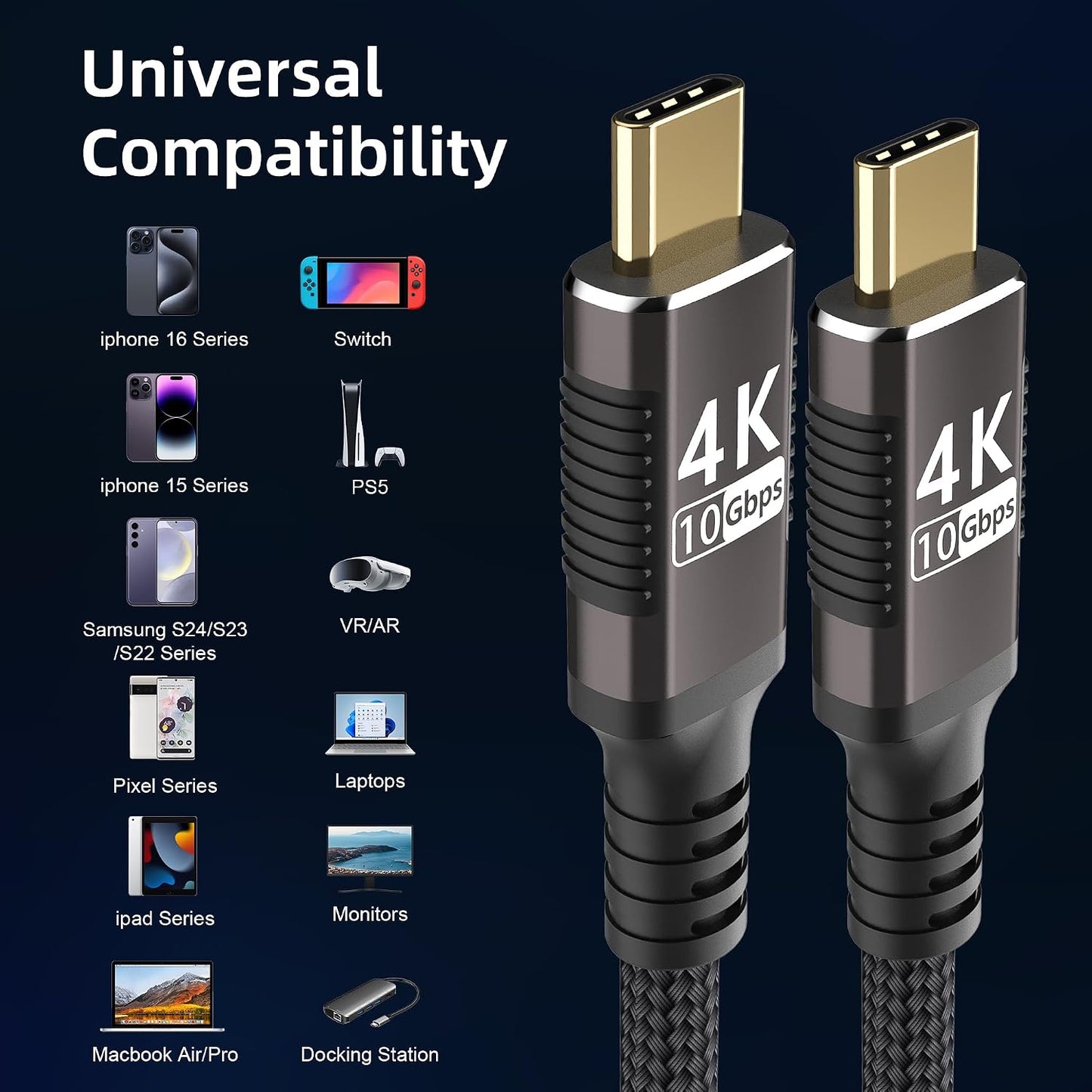 KMMXXCPM 16FT/5M 3,USB 3.1 1 10Gbps Transfer,4K@60Hz/2K@120Hz PD3.0 100W USB C Long Cable Compatible with Thunderbolt C